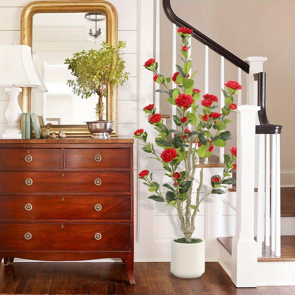 1Pc 4FT Tall Artificial Red Camellia Potted Plant Faux Plant Red Flower Outdoor