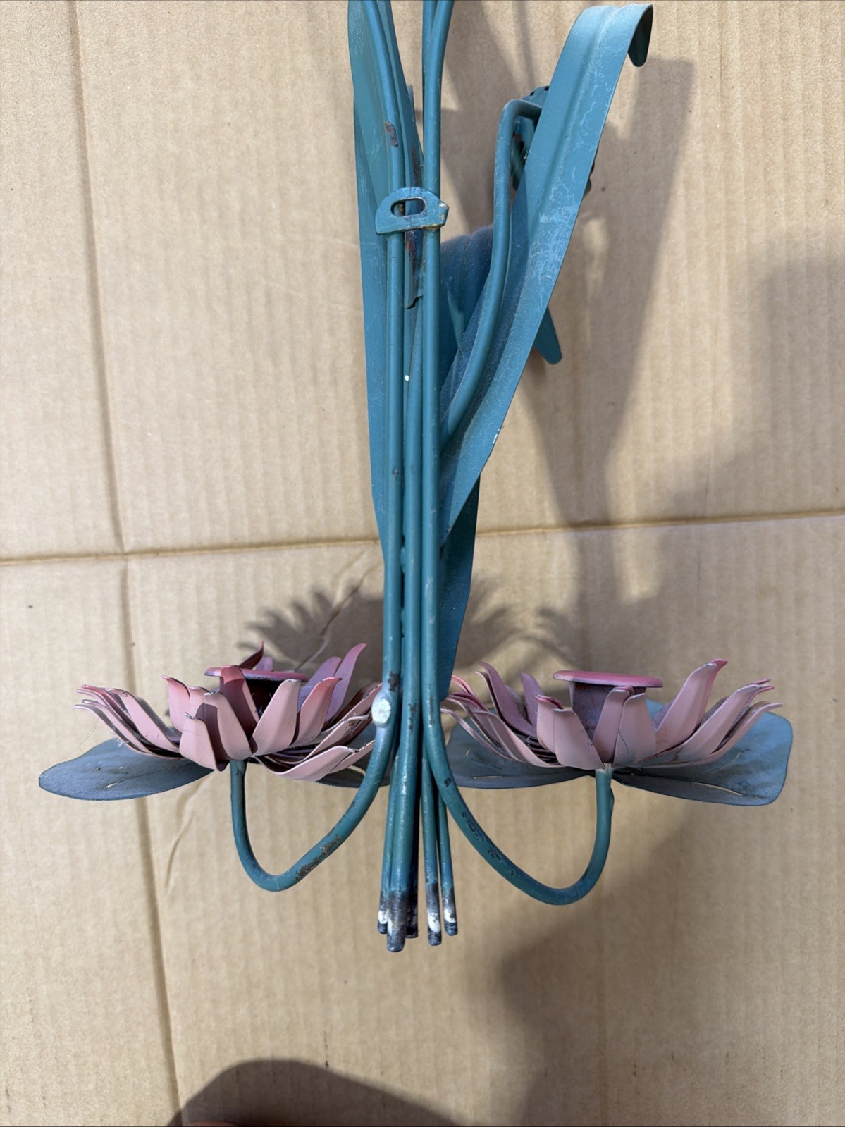 Vtg METAL CATTAIL LOTUS SCONCE & IRIS WALL ART MCM TOLEWARE 3 Pieces