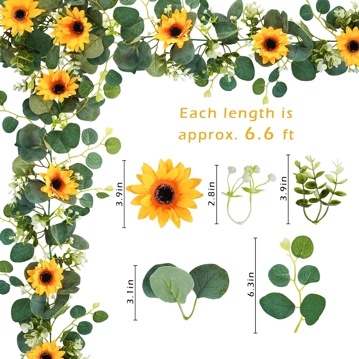 2 Pack of Lifelike 6ft Silk Sunflower Hanging Vines for -Round Decor