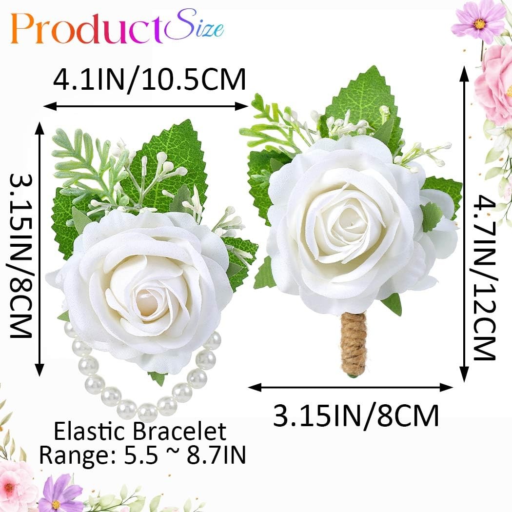 Rose Wrist Corsage Boutonniere Set Flower Wristlet Wedding Prom White Decor