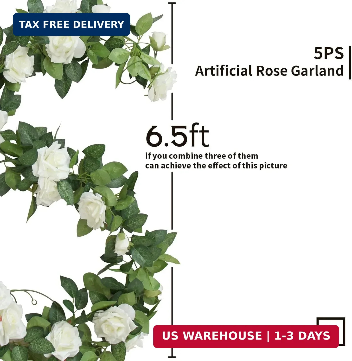 ZIFTY 5Pcs 32.5FT Artificial Rose Vine Fake Flower Garland White Fake Silk Flora