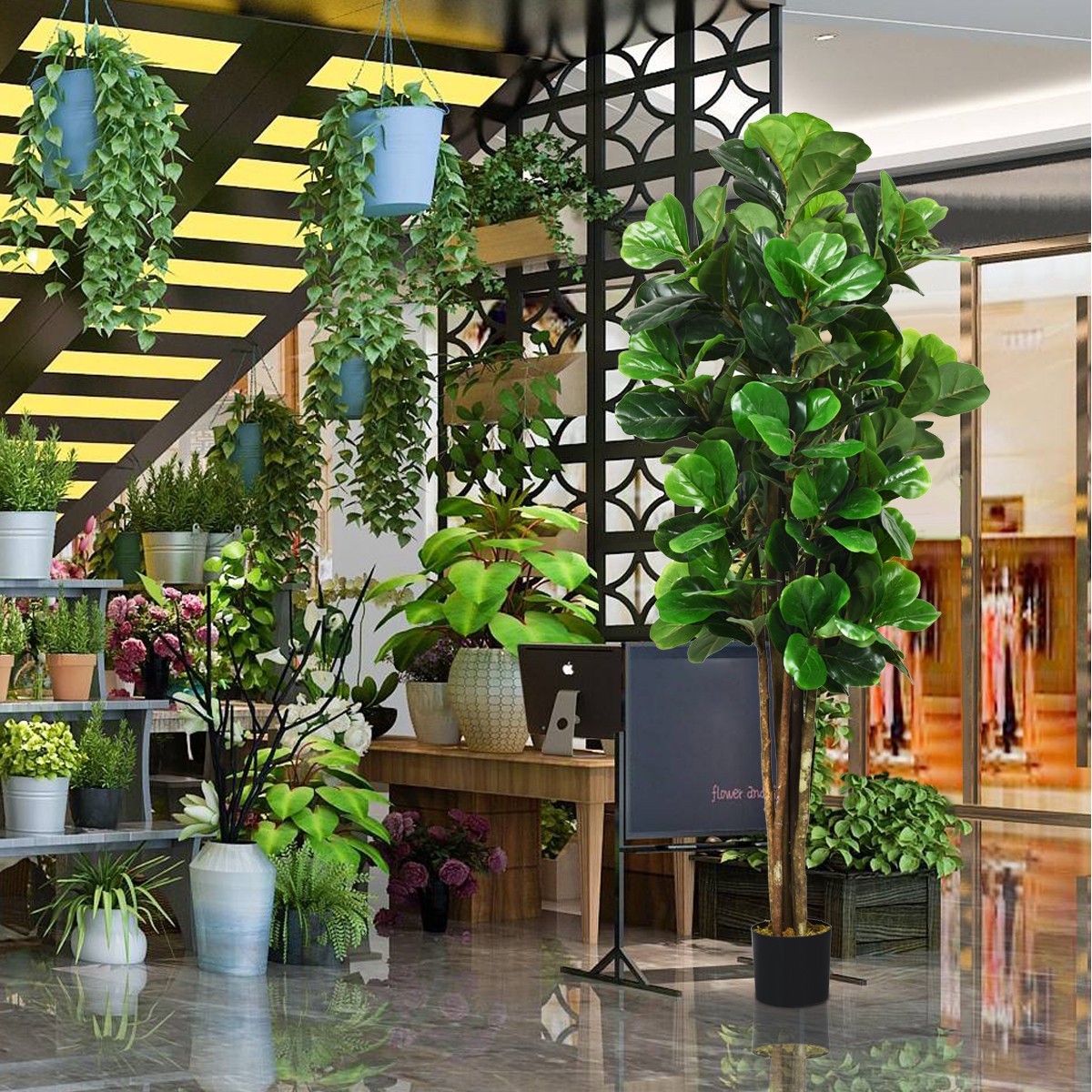 6-Feet Artificial Fiddle Leaf Fig Tree Indoor-Outdoor Home Decorative Planter