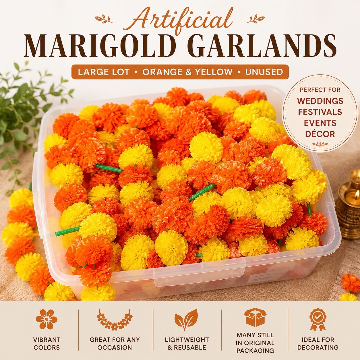 Large Lot Artificial Marigold Garland Orange Yellow Floral Decor