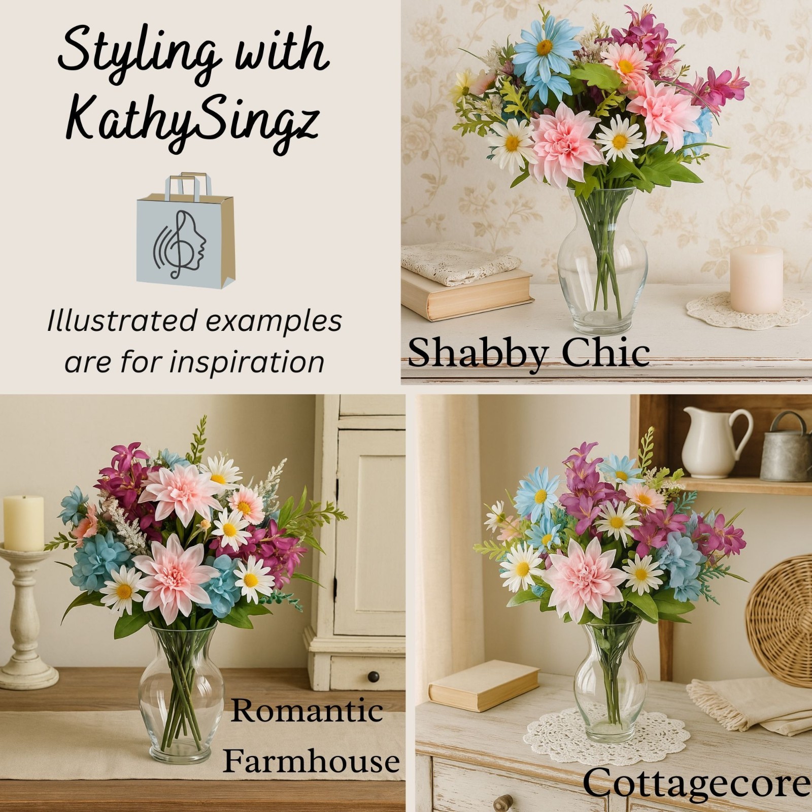 Large Silk Flower Arrangement from Upcycled Mixed Florals Hand Painted Details