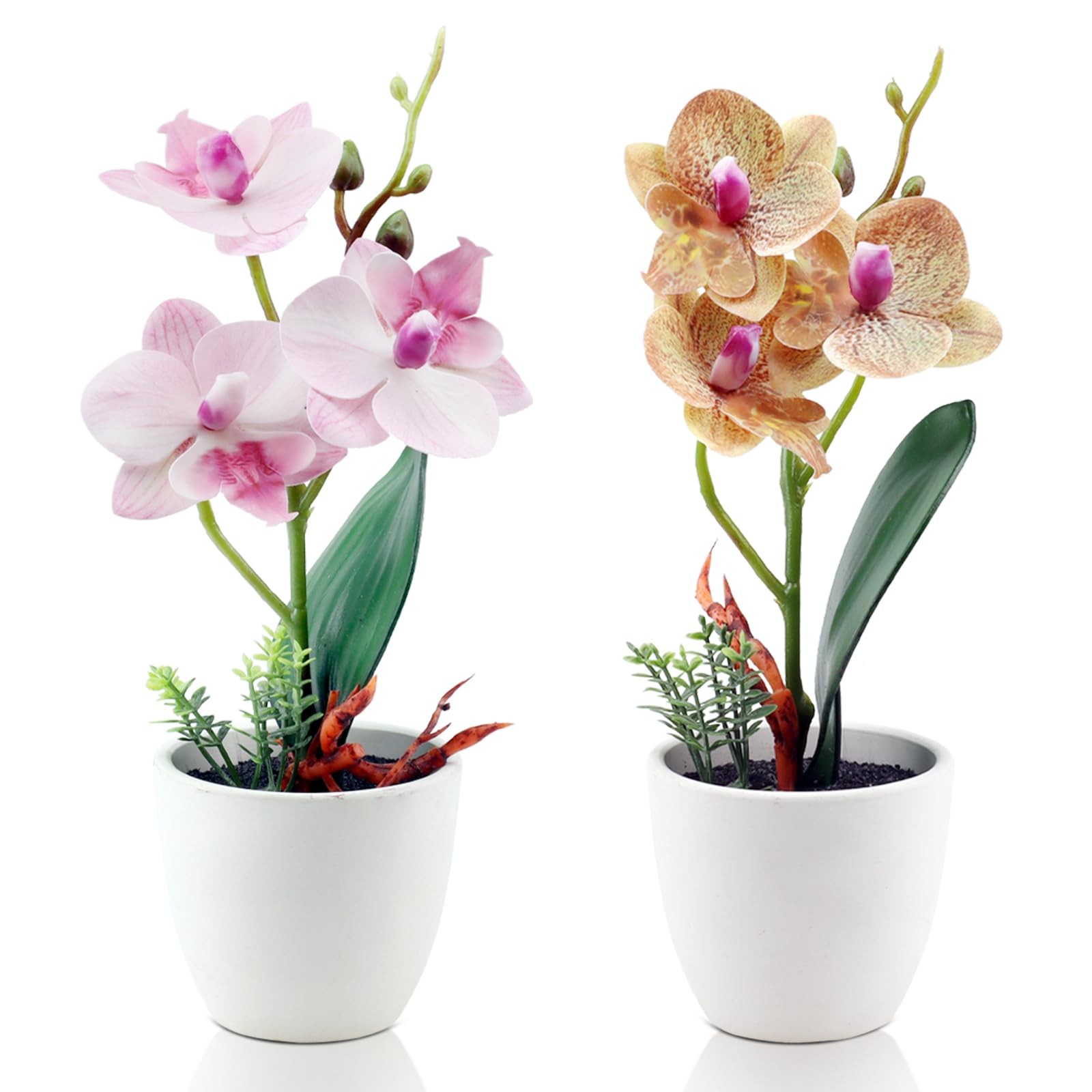 2Pcs Artificial Orchid Fake Flowers Faux Phalaenopsis Ceramic Vase Small Pott…