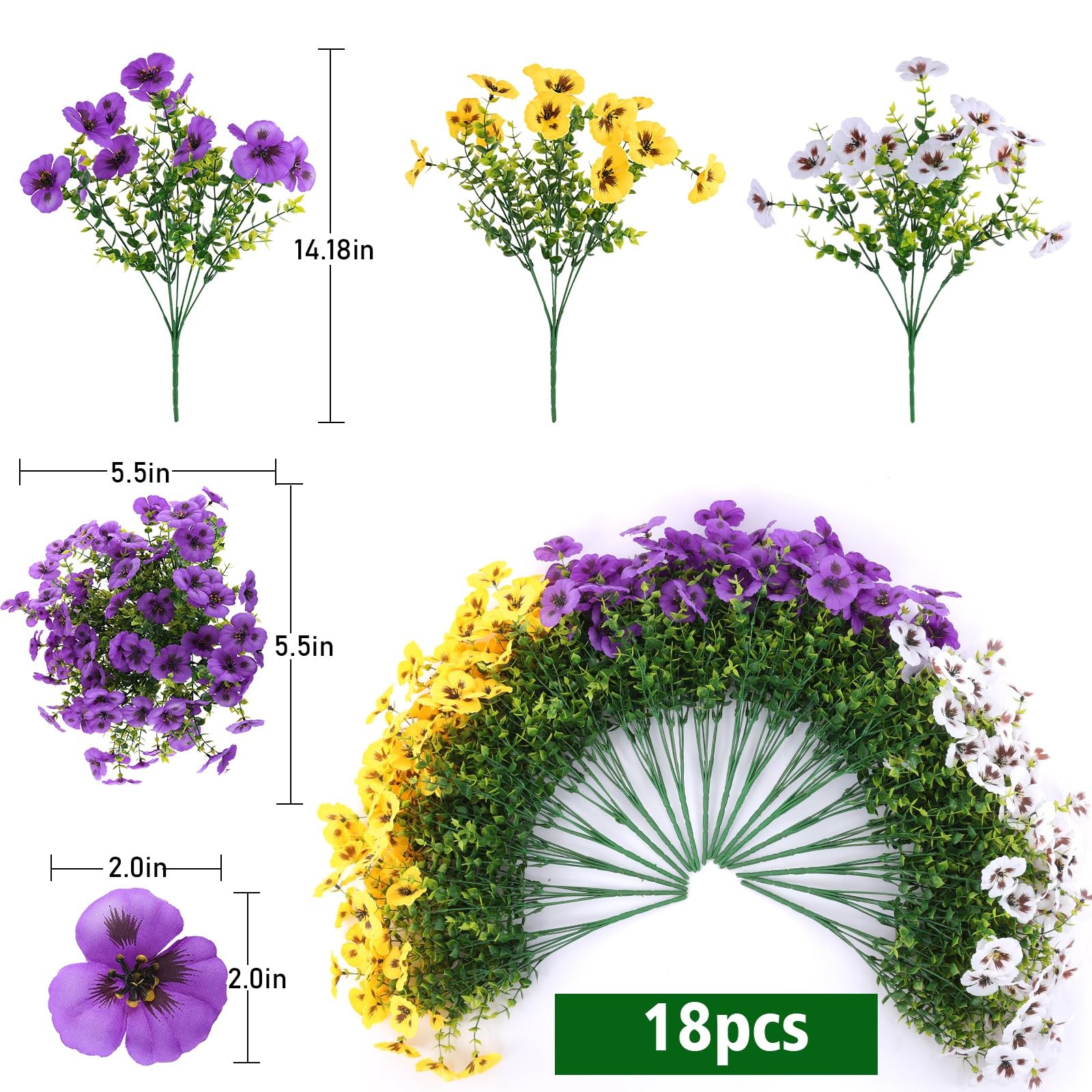 18 Pcs Artificial Fake Pansy Flowers for Outdoor, Faux Silk Pansies Spring Fl…