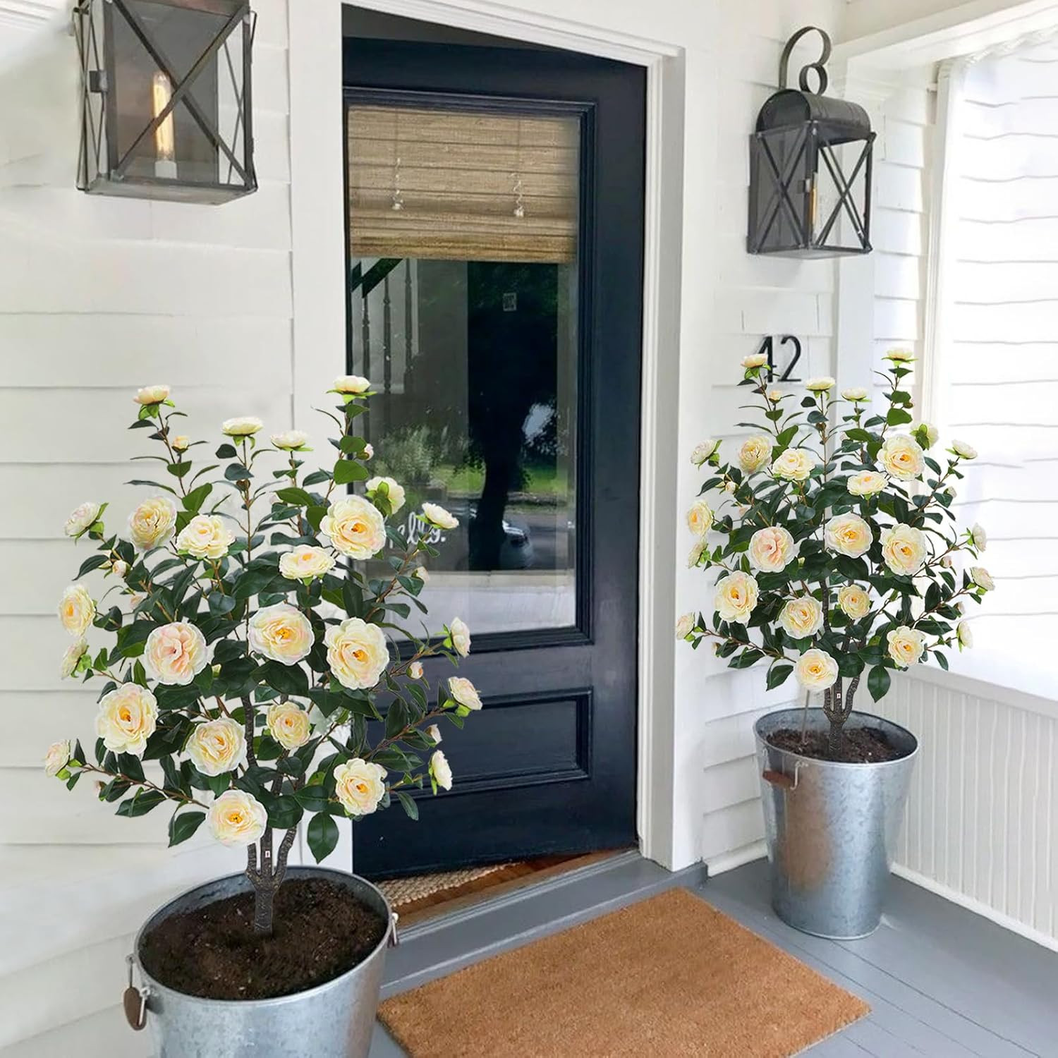 3.6FT Artificial Camellia Tree with 32 Yellow Pink Flowers for Indoor/Outdoor De