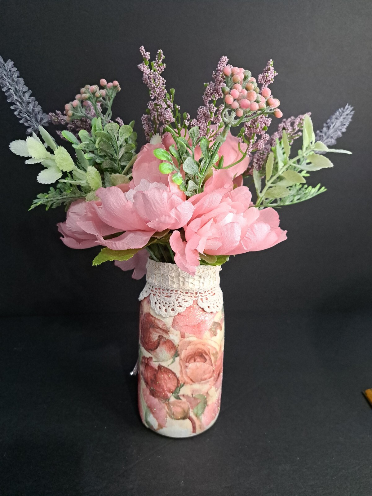 Pink Hand Crafted Floral Arrangement 11 In Tall