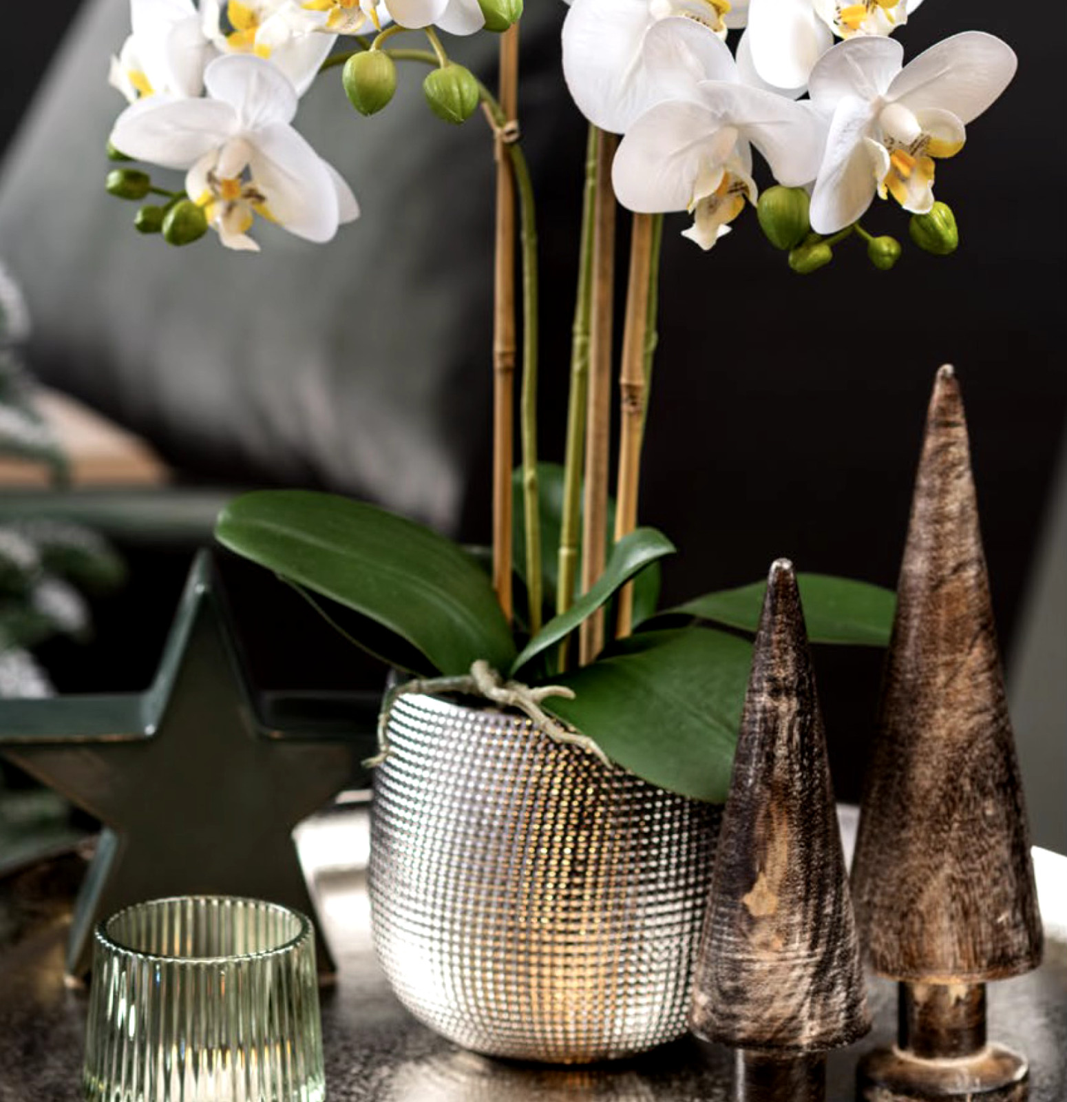 Artificial Flower Arrangement White Phalaenopsis Orchid in Silver Ceramic Vase