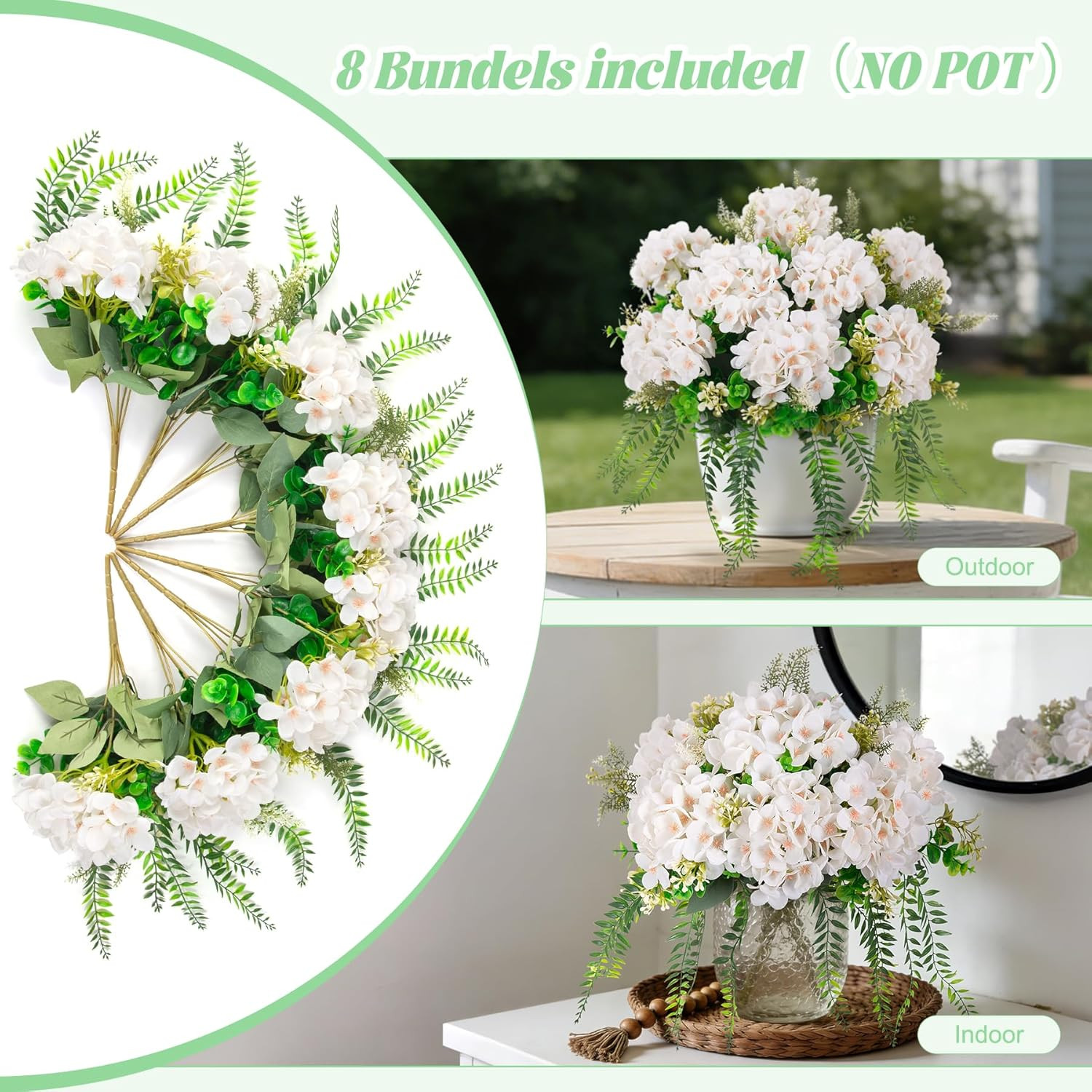 8 Pcs Artificial Hydrangea Flowers Silk White Fake Flower with Eucalyptus for Ou