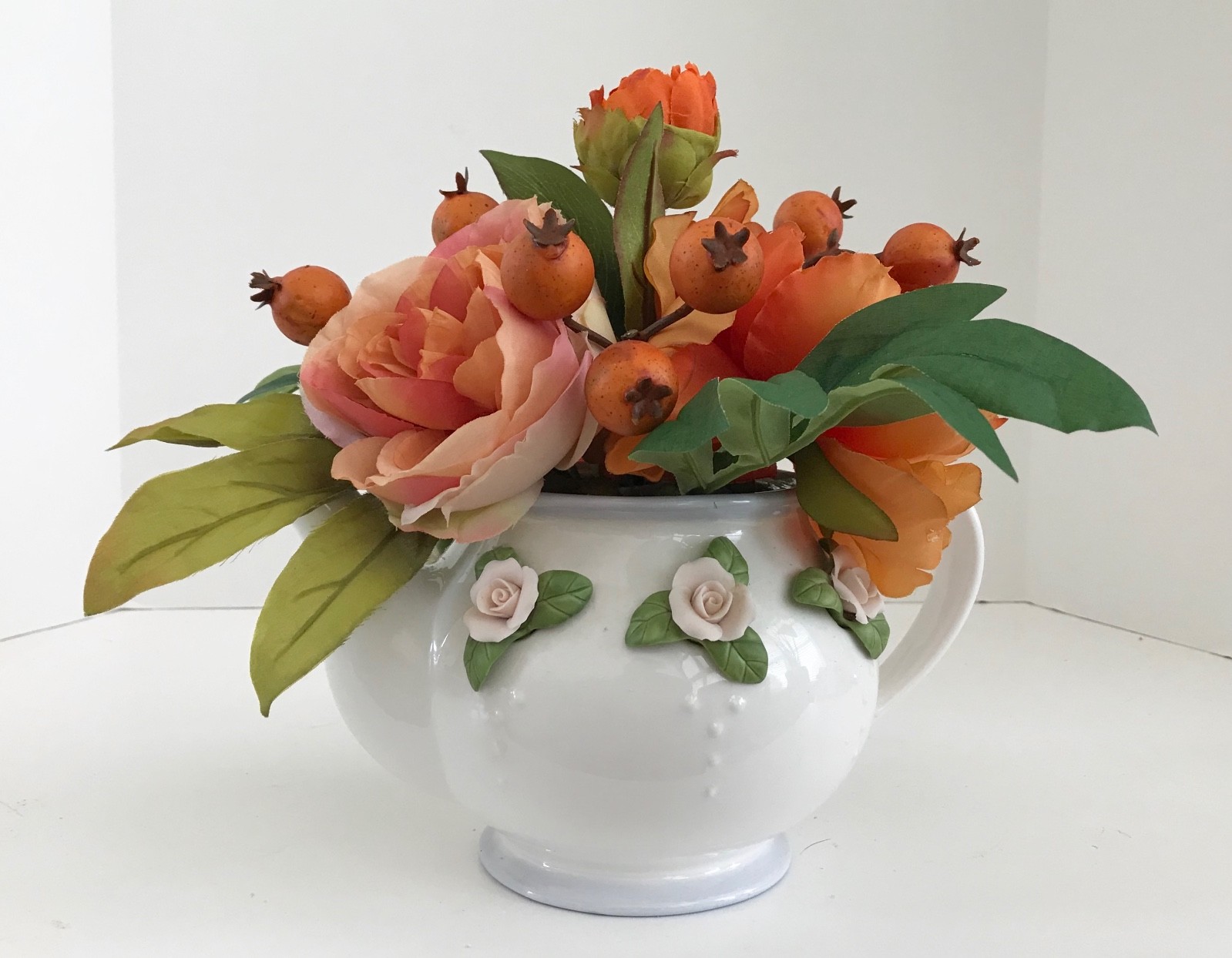 White with Raised Pink Roses Telaflora Gift Teapot Orange Flowers
