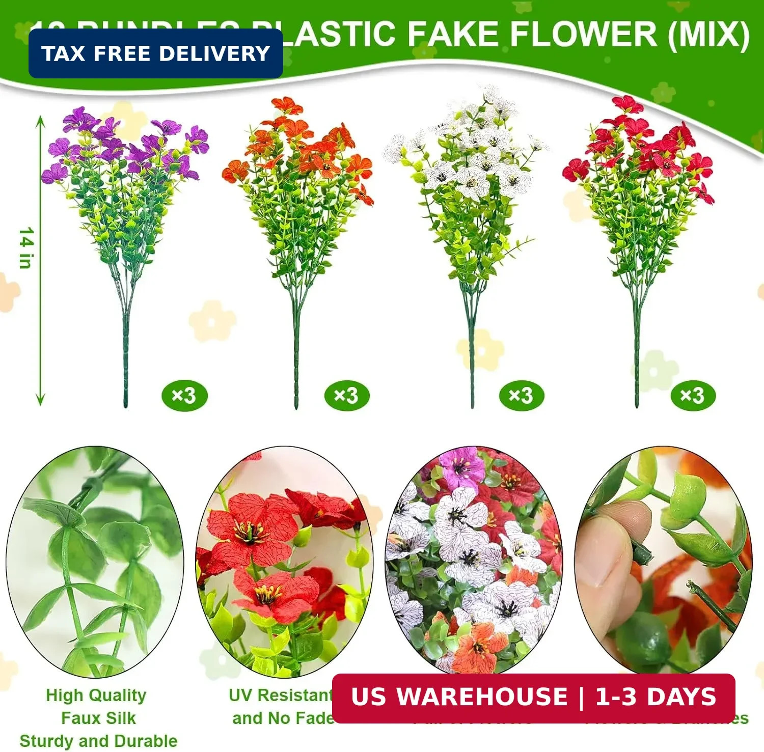 12 Bundles Artificial Flowers for Outdoors UV Resistant Fake Plants Silk Flowers