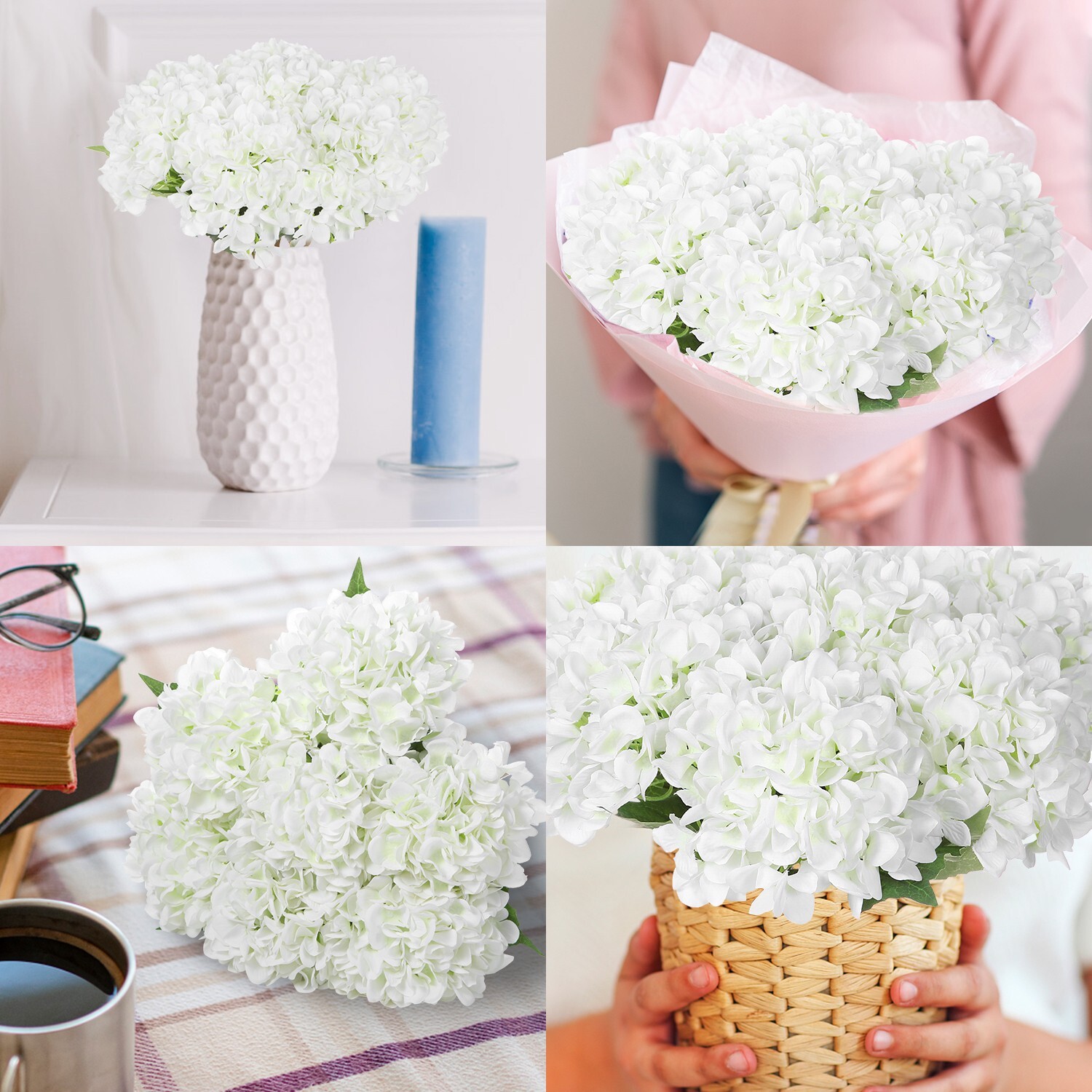 EZFLOWERY 5 Pcs Artificial Silk Hydrangea Flowers 18” Bouquet Arrangement White