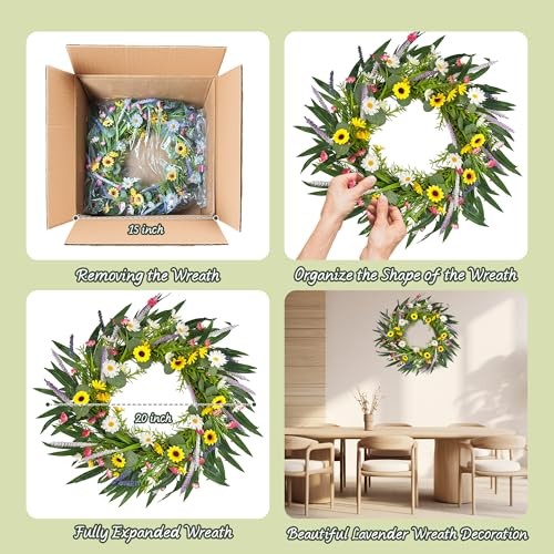 20″ Artificial Summer Wreath for Front Door – Sunflower Daisy Yellow – 20in