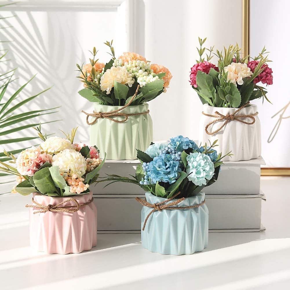 Artificial Flower Plants – Mini Fake Hydrangea Flowers in Pot for Home Decor …