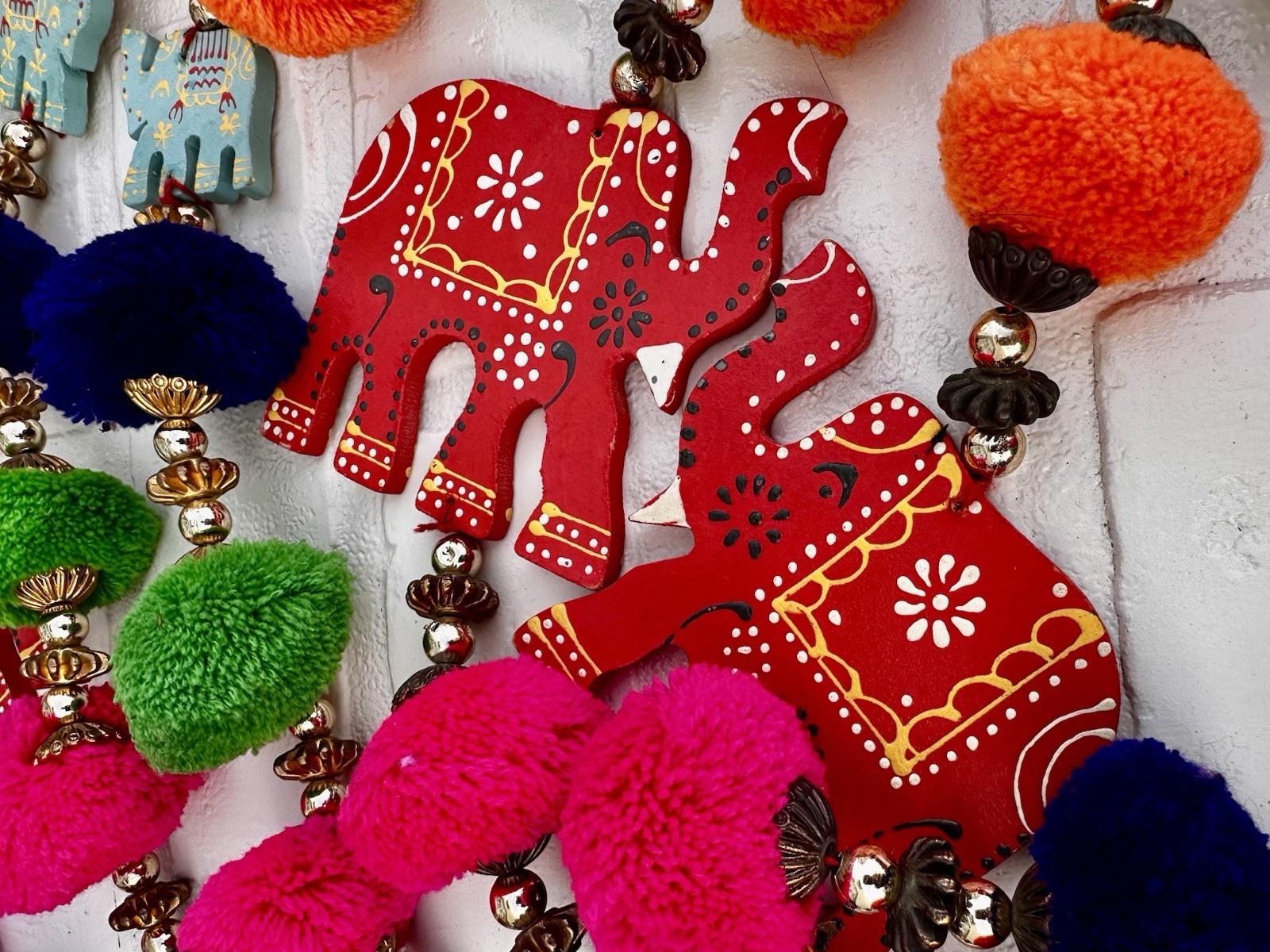 Elephant Garlands Pom Poms Wood Set of 3 Boho Indian Festival Diwali