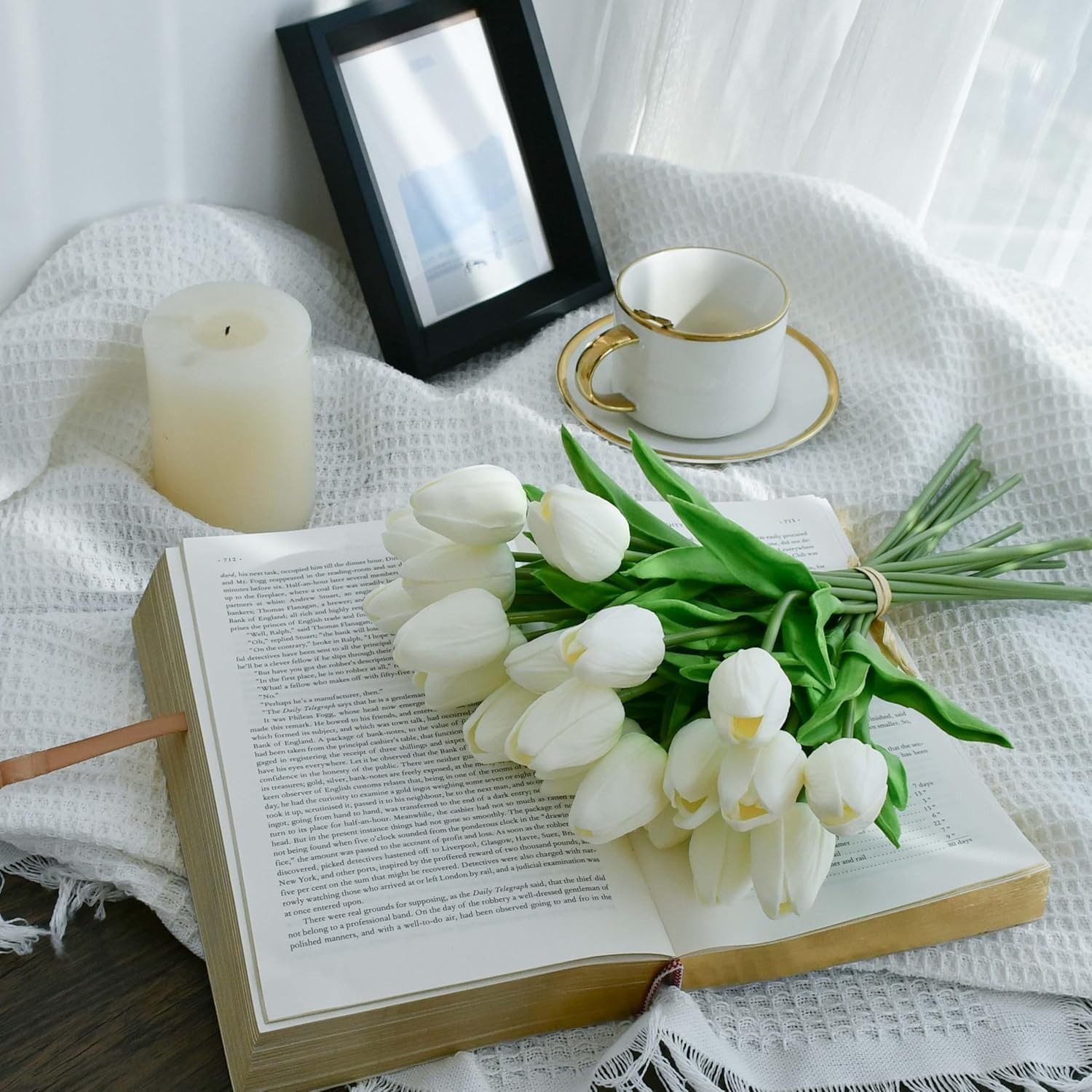 Artificial White Tulips Bouquet 20 Stems Faux Flowers Home Decor