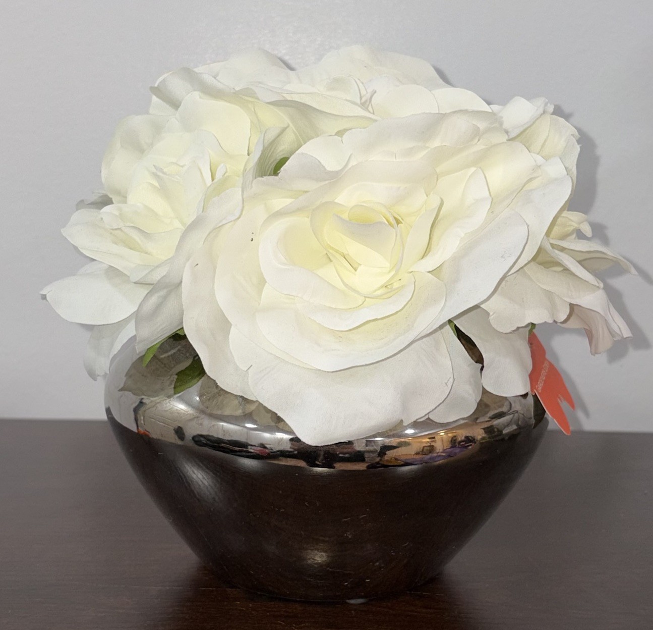 Gardeners Eden Faux White Rose Floral Arrangement in Silver Bowl Centerpiece 8×8