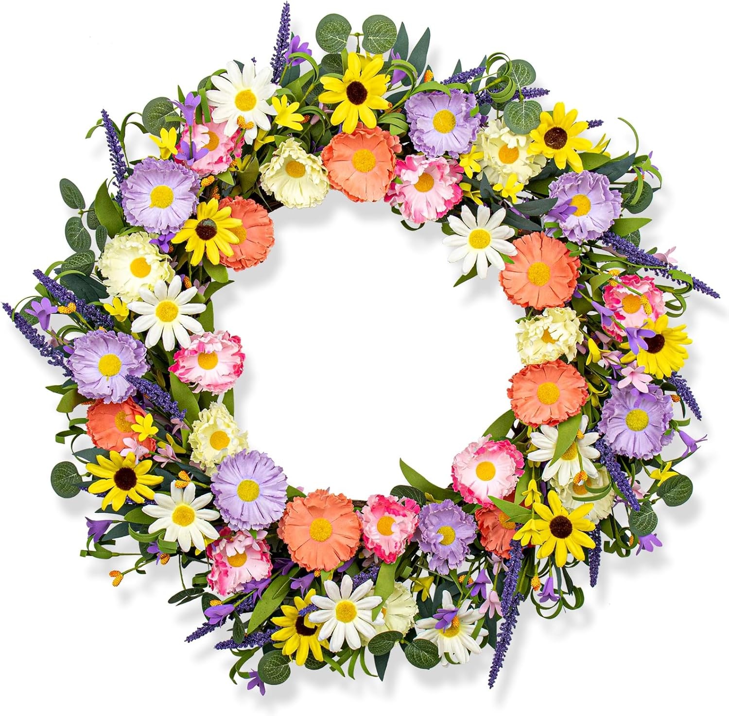 Artificial Spring Wreath 20” Purple Yellow White & Pink Flower Wreaths Summer