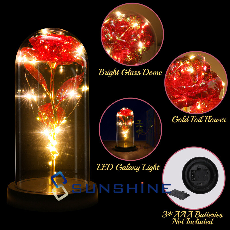Rosa de galaxia con luz LED de cristal en cúpula, flor eterna de aluminio regalo