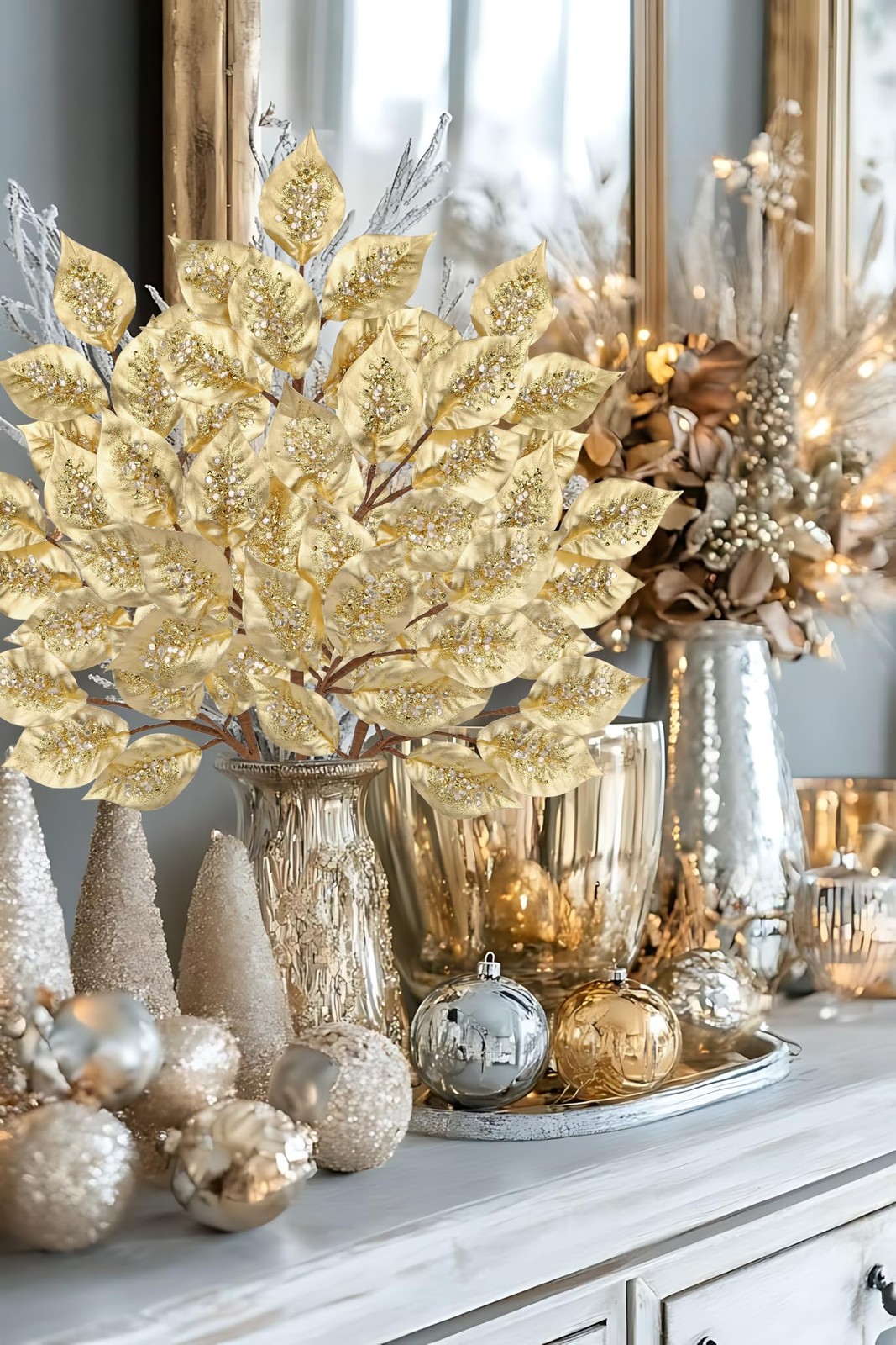 Christmas Tree Picks and Sprays 31.5″ Gold Atrificial Elm Leaves with Stems 3…