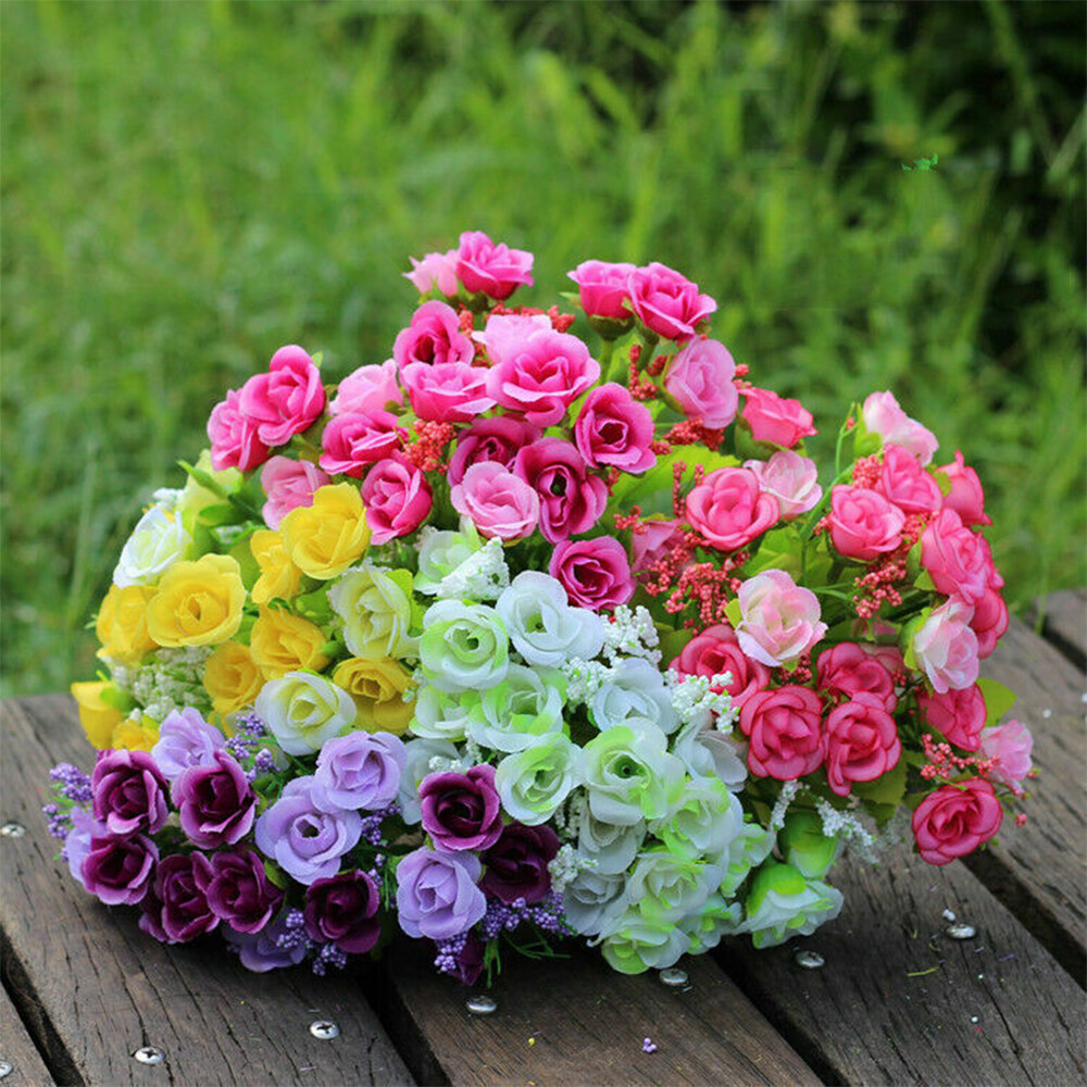 21 Heads Artificial Rose Bud Fake Silk Flowers Bouquet Wedding Party Home Decor