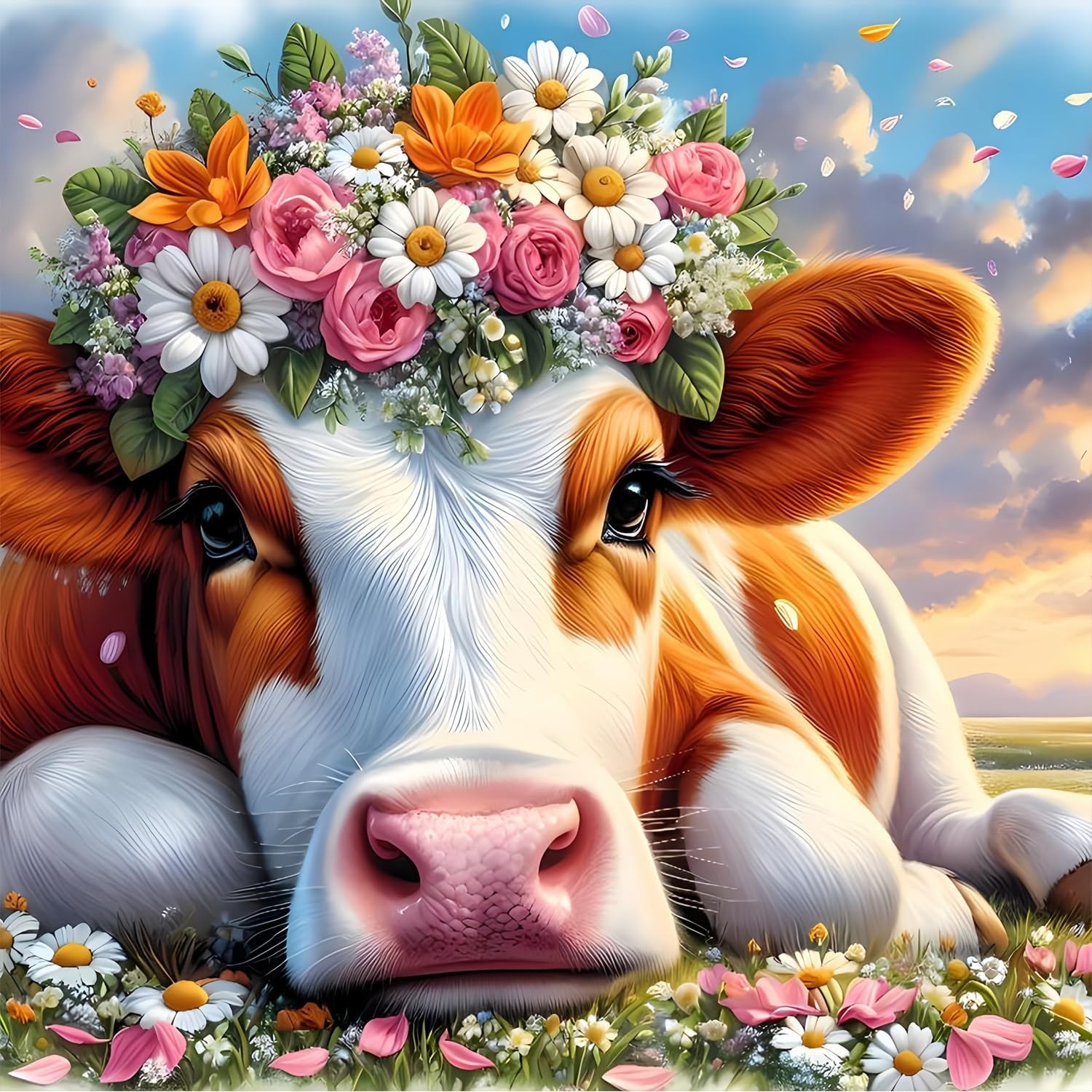 Miairivy Cow with Flower Wreath 5D Diamond 13.8 inches x inches, GL004