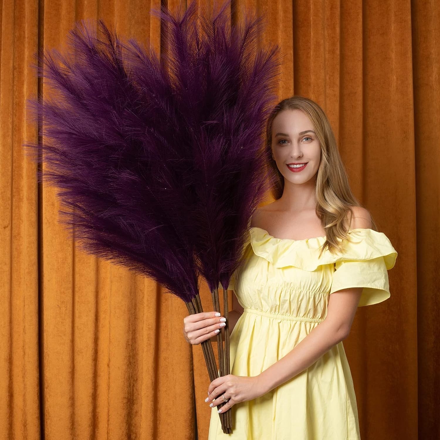 Luxury Faux Pampas Grass Decor – 6 Purple Stems, 43″ for Stylish Arrangements