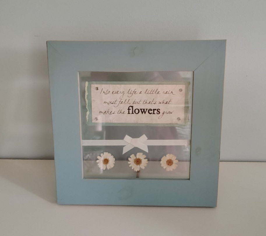 Dried Flowers Encased In Glass w/Quote In Rustic Wood Blue Frame Shabby Chic