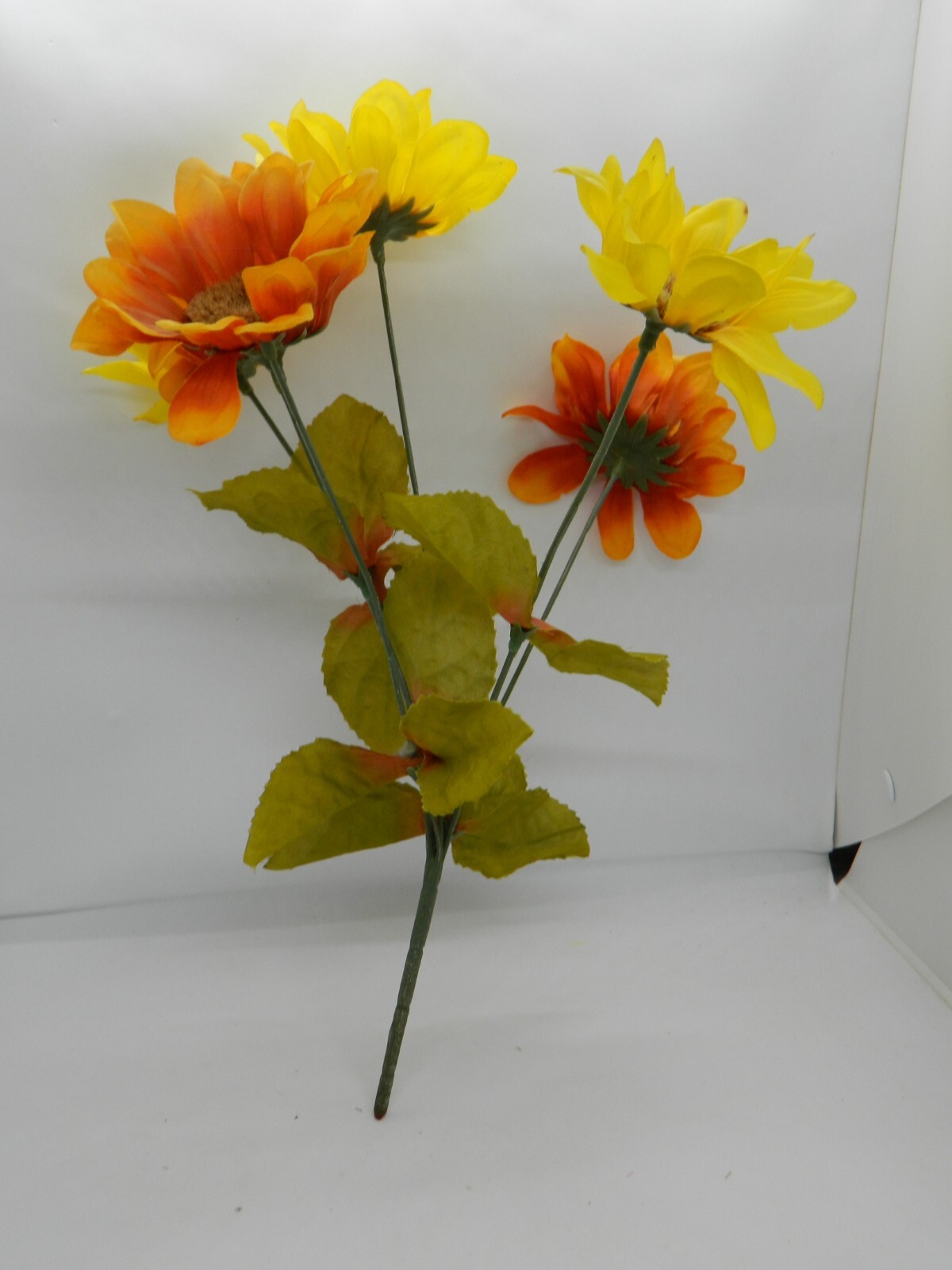 7 Piece Orange & Yellow Faux Flower Bouquet Bunch Mixed Assorted Vintage 13-14″
