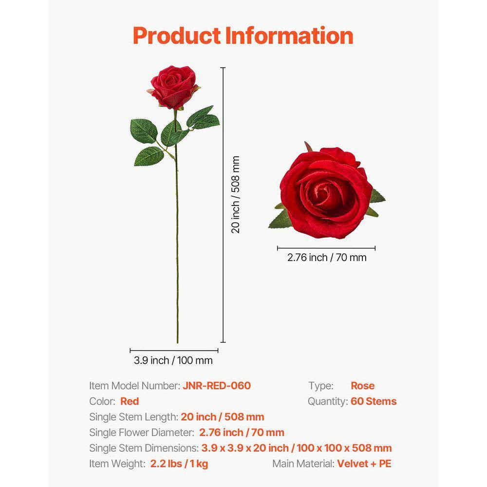 20 In. Faux Red Bridal Shower with Stems for DIY, Artificial Flowers, 60-Pieces