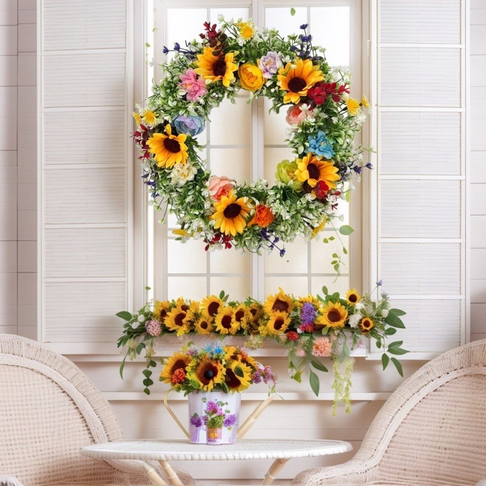 Artificial Yellow Flower Wreath Plastic 35x35cm for Country Home Decor