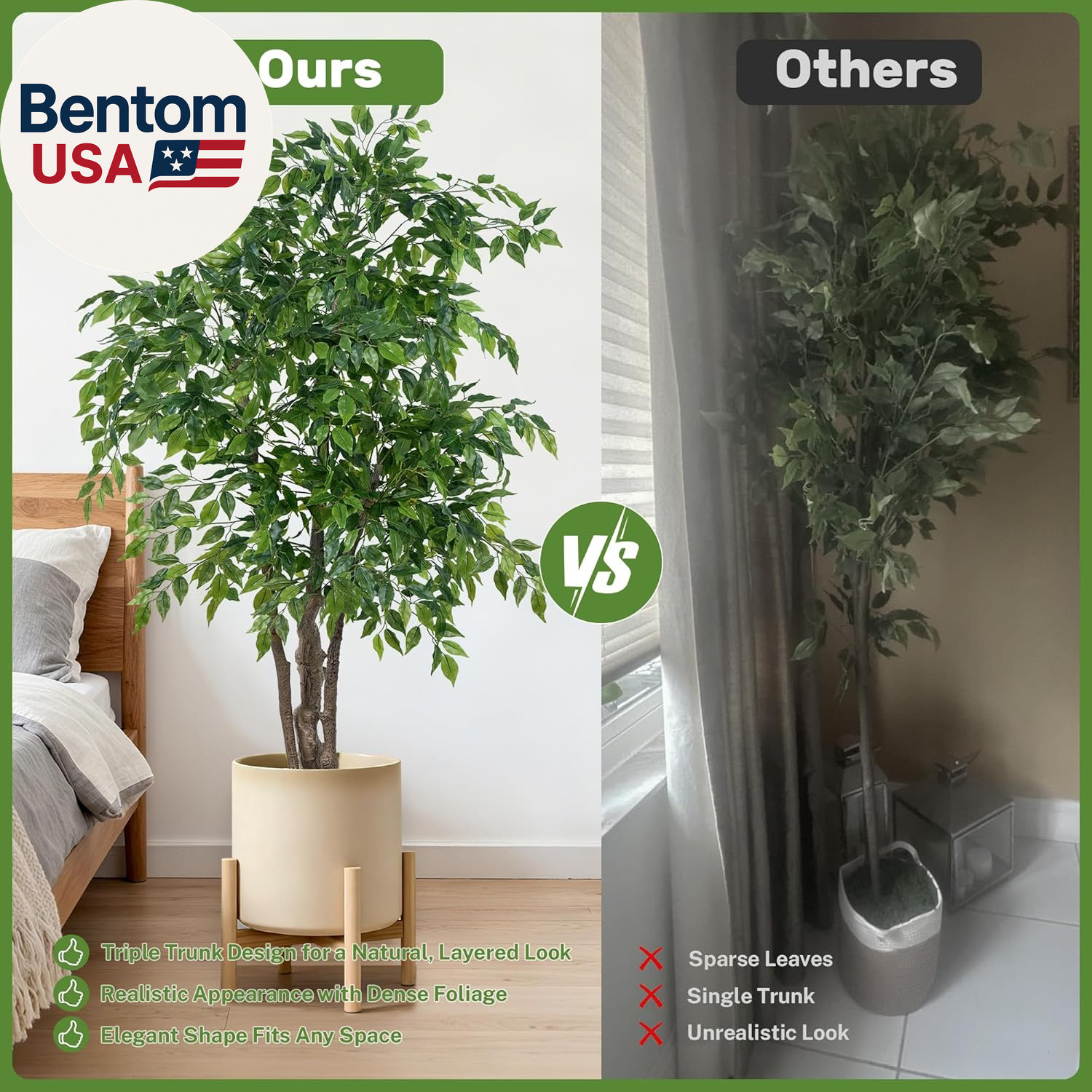 Ficus Tree Artificial with Triple Trunks, 5.5Ft Fake Ficus Tree in Black Pot, Ta