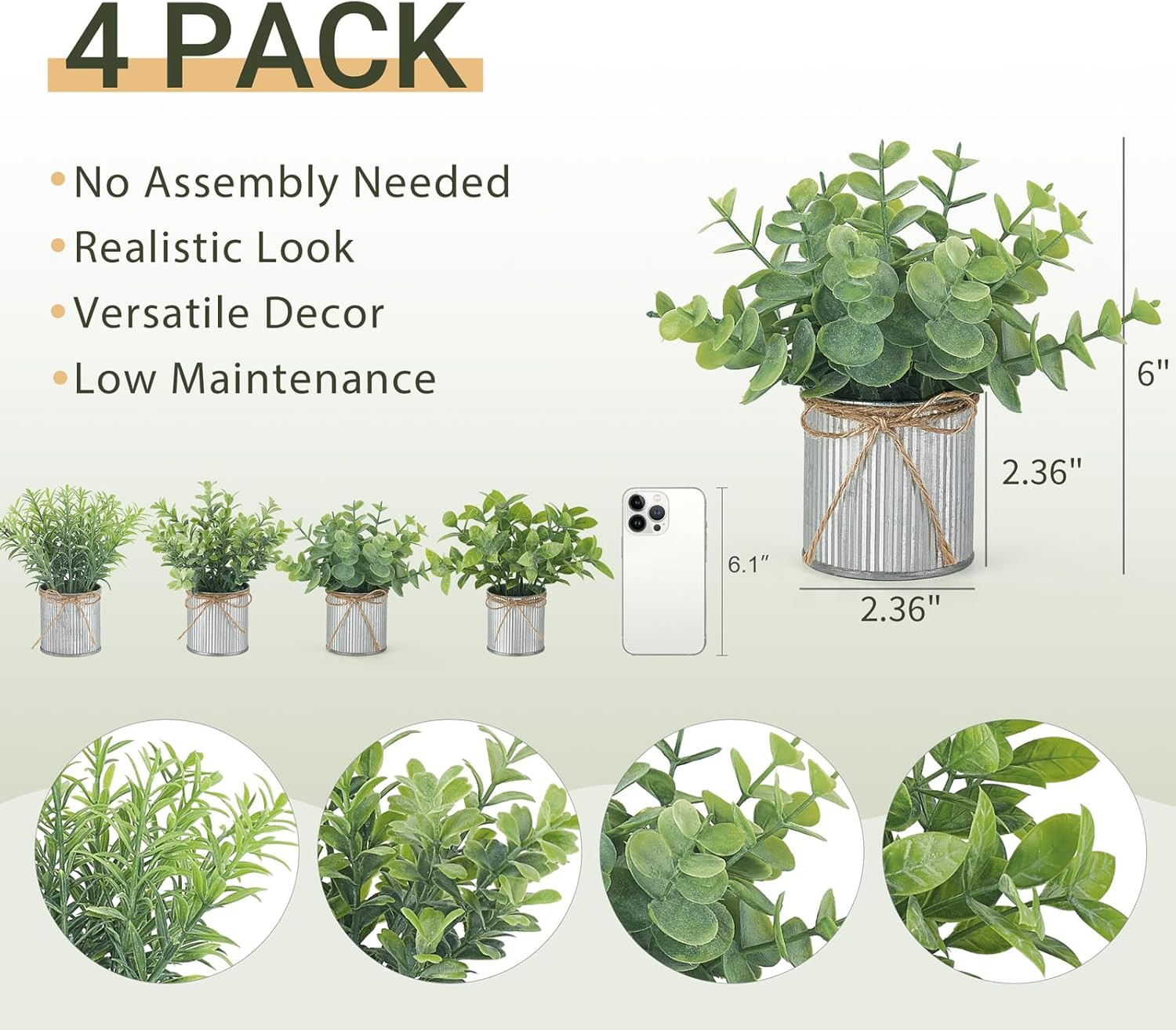 4 Packs Small Fake Plants in Farmhouse Galvanized Pots Table Centerpiece Mini…