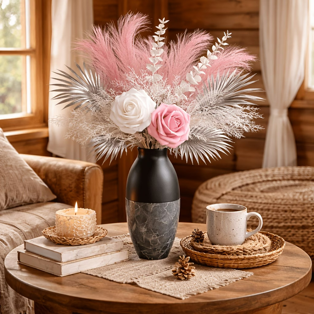 Pink and White Rose Artificial Flower Bouquet with Silvery Feather Decorations.