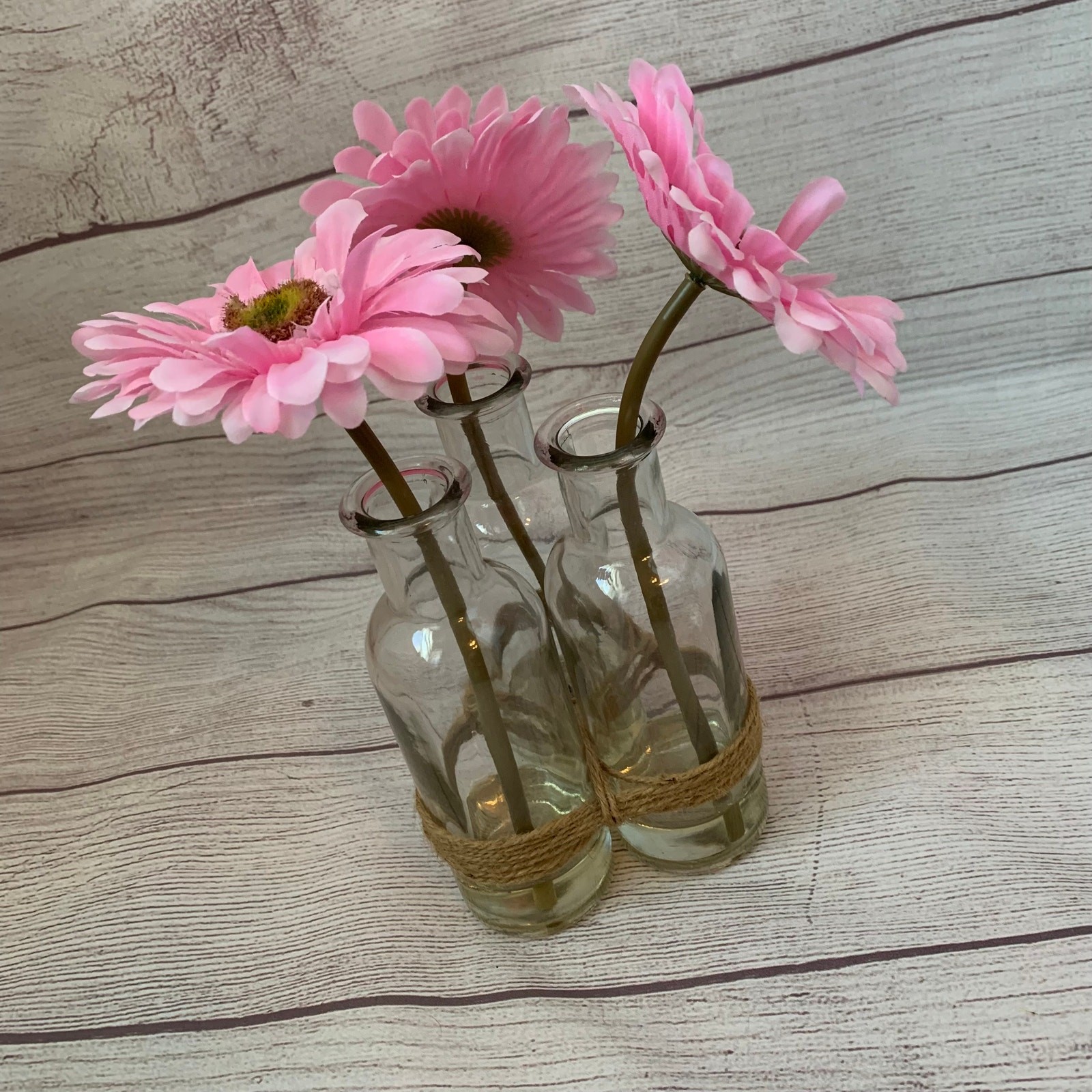 Artificial Pink Gerbera Daisies in Bottles and Twine String Faux Glued Water 9″H