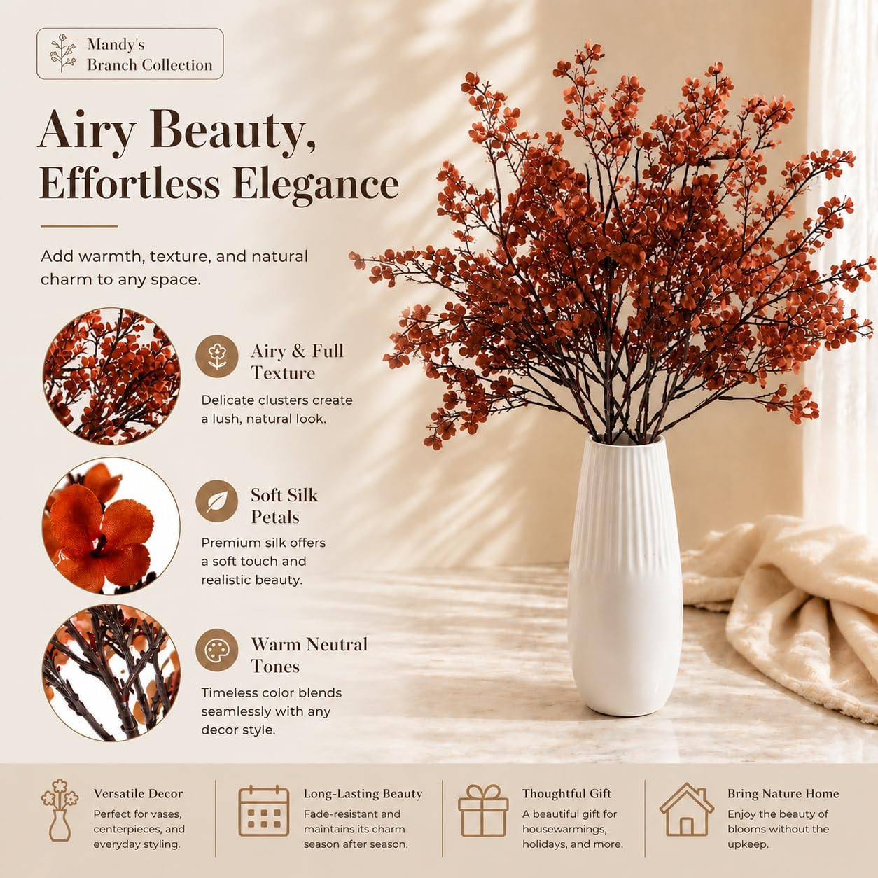 Mandy’S 6 Bundles Artificial Burnt Orange Baby’S Breath Flowers | 18.5 Inch Silk