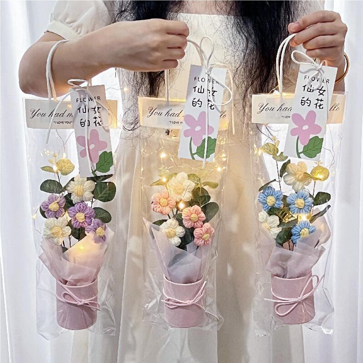 Crochet Flowers Bouquet with Light, Exquisite Gift Knitted Home Floral Decor