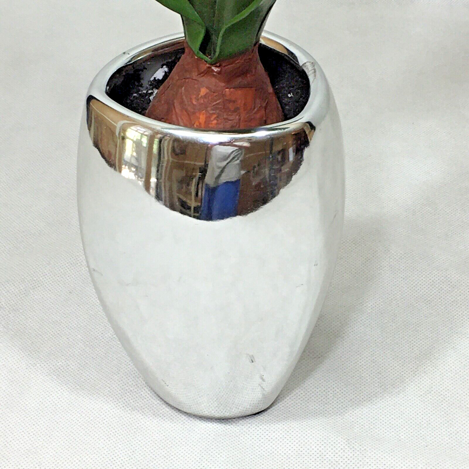 Metallic Chrome Ceramic 7″ Planter Vase w/ Faux Flower Display Floral