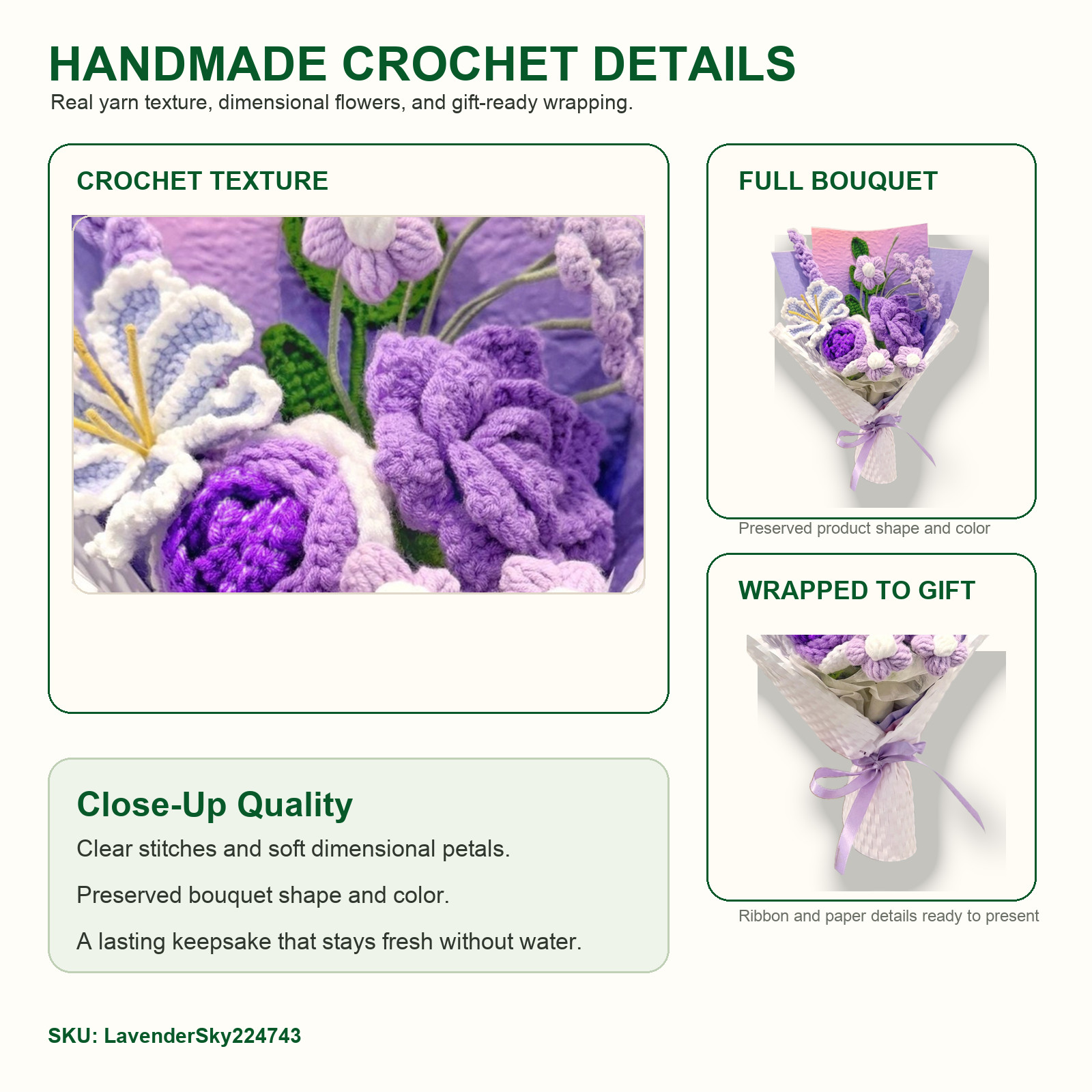 Lavender Purple Rose Lily Crochet Bouquet Birthday Gift for Her