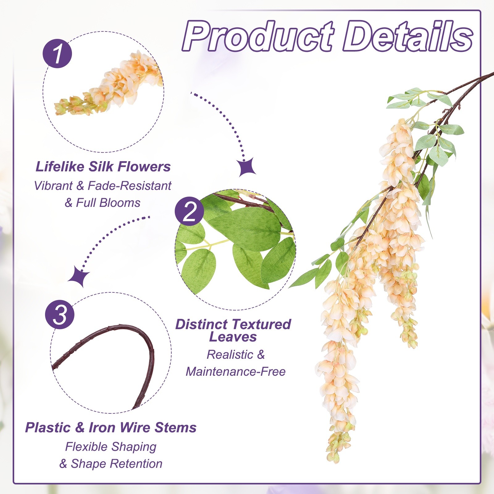 Artificial Wisteria Hanging Flowers 3.9 ft Fake Hanging Floral Champagne