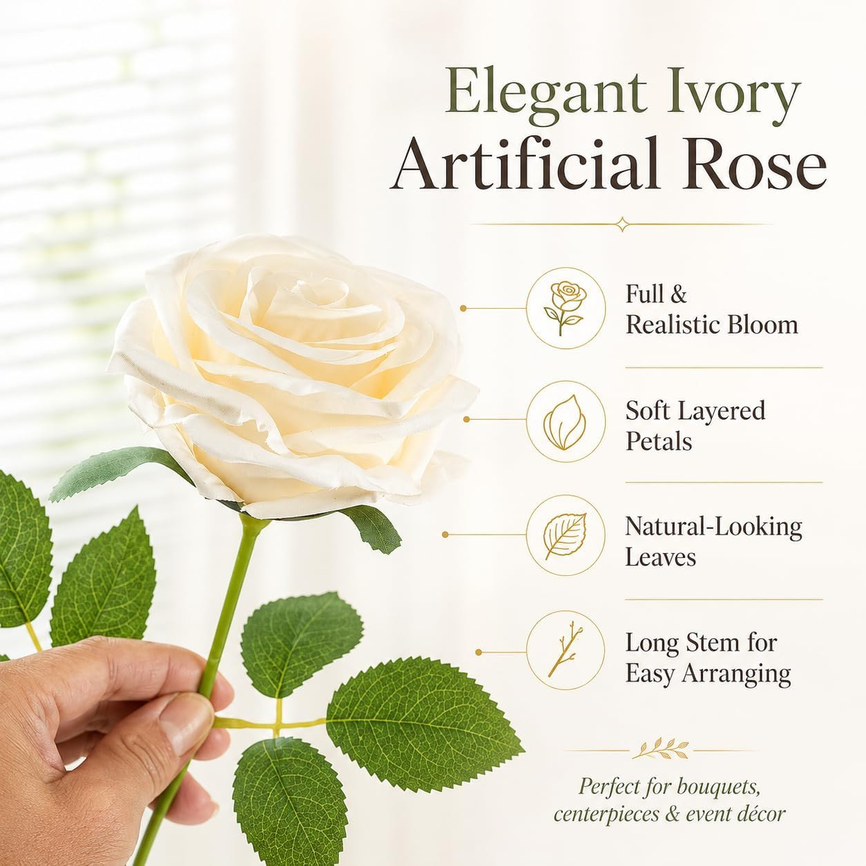 120 Pcs White Rose Artificial Flowers Bulk, Ivory Silk Fake Roses with Long Stem
