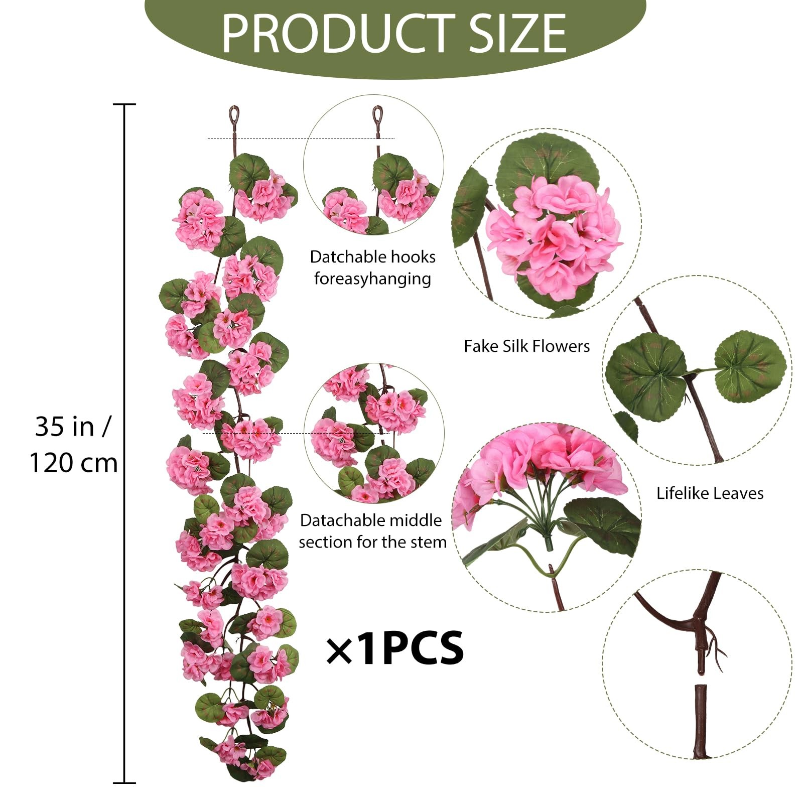 36″ Artificial Geranium Garland for Outdoors UV Resistant Faux Silk Flower Pi…