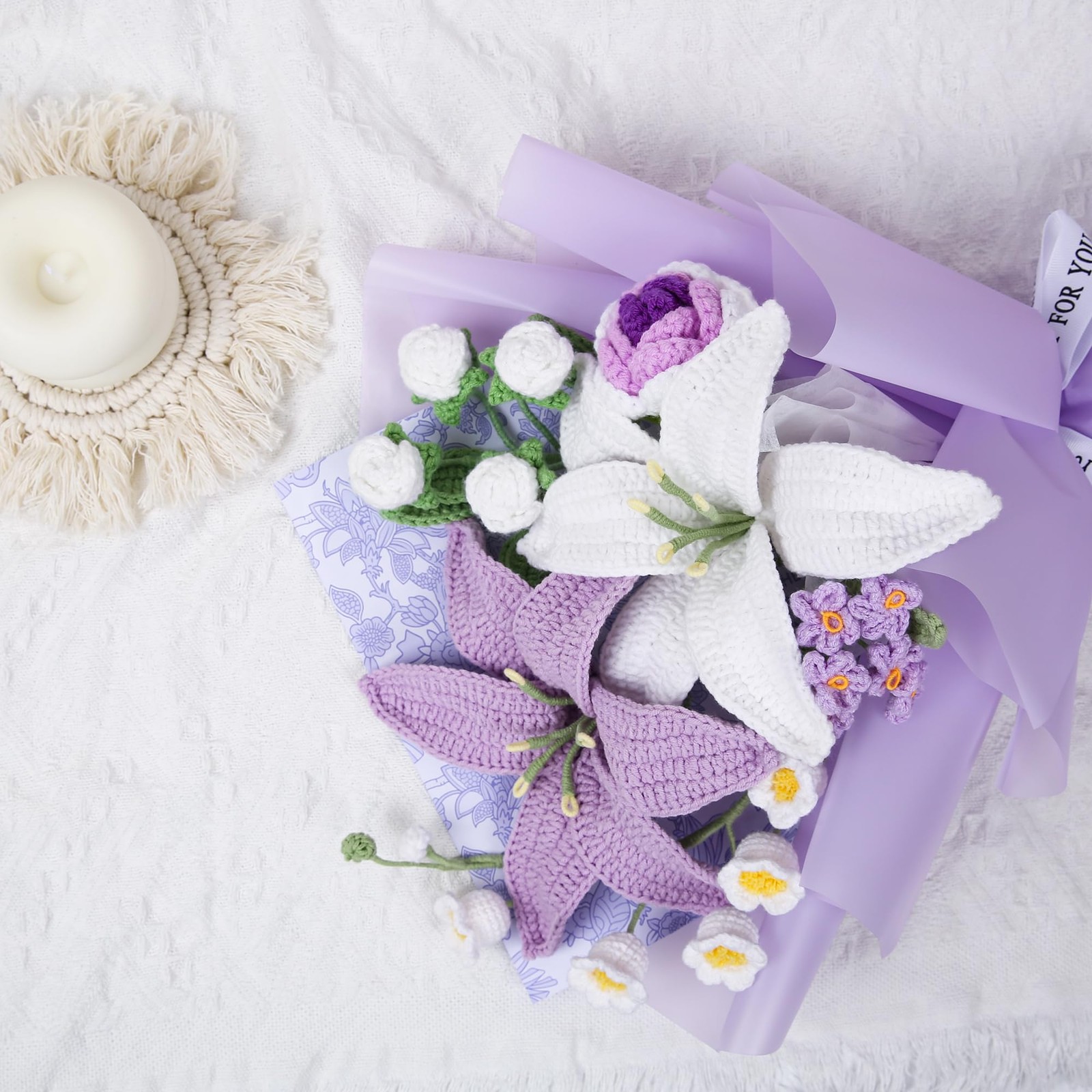 EZsenses Crochet Flower Bouquet, Handmade Knitted Lily Faux Crochet Flowers f…
