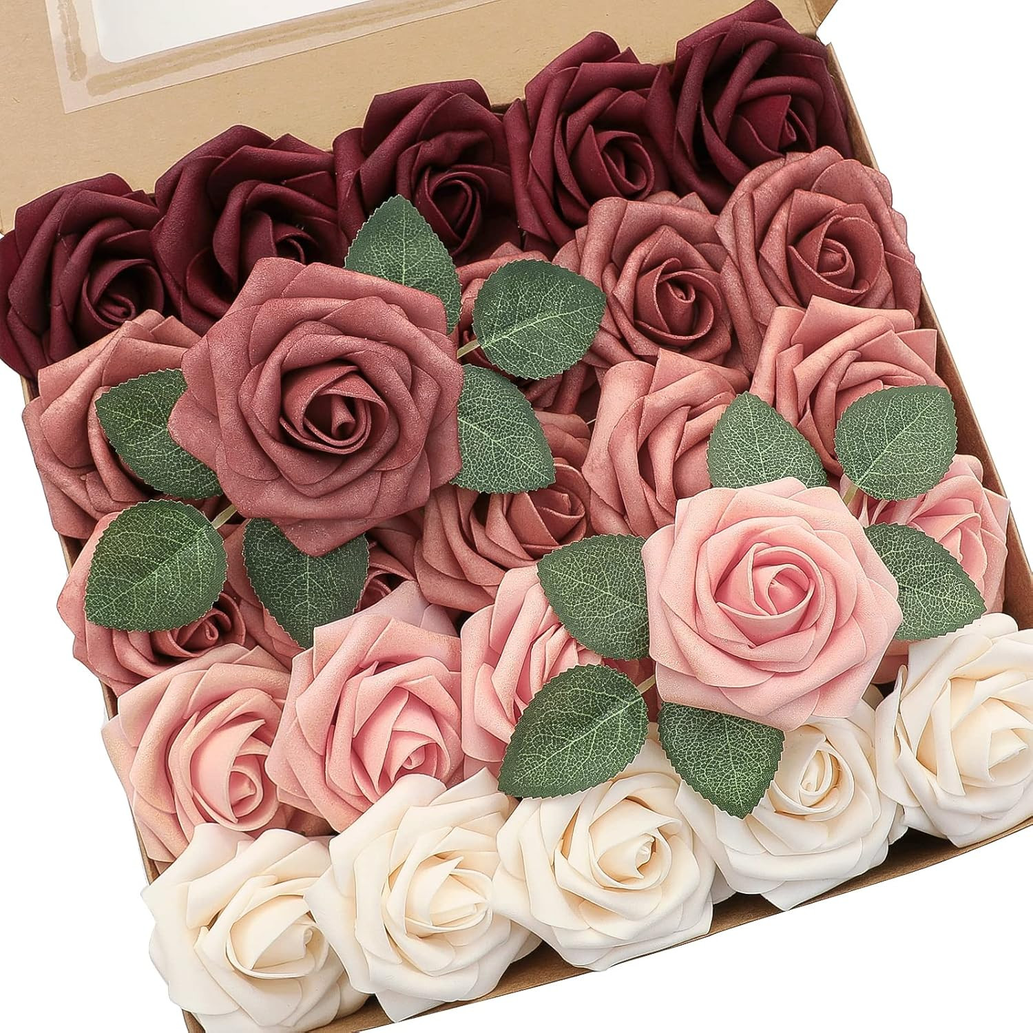 Artificial Flowers 25Pcs Real Looking Burgundy Ombre Colors Foam Fake Roses with