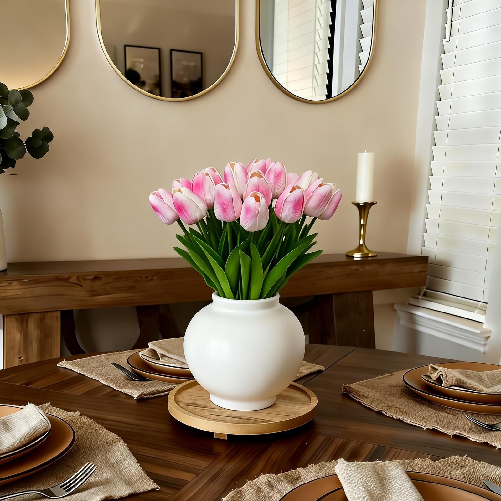 20 PCS Pink Tulips Artificial Flowers 13 Inch PU Fake Floral Home Decor