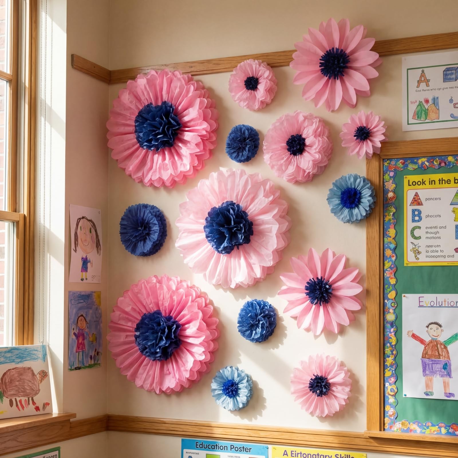 36 PCS Dusty Blue Assorted Size Tissue Paper Flowers Pom Poms Party Backdrop