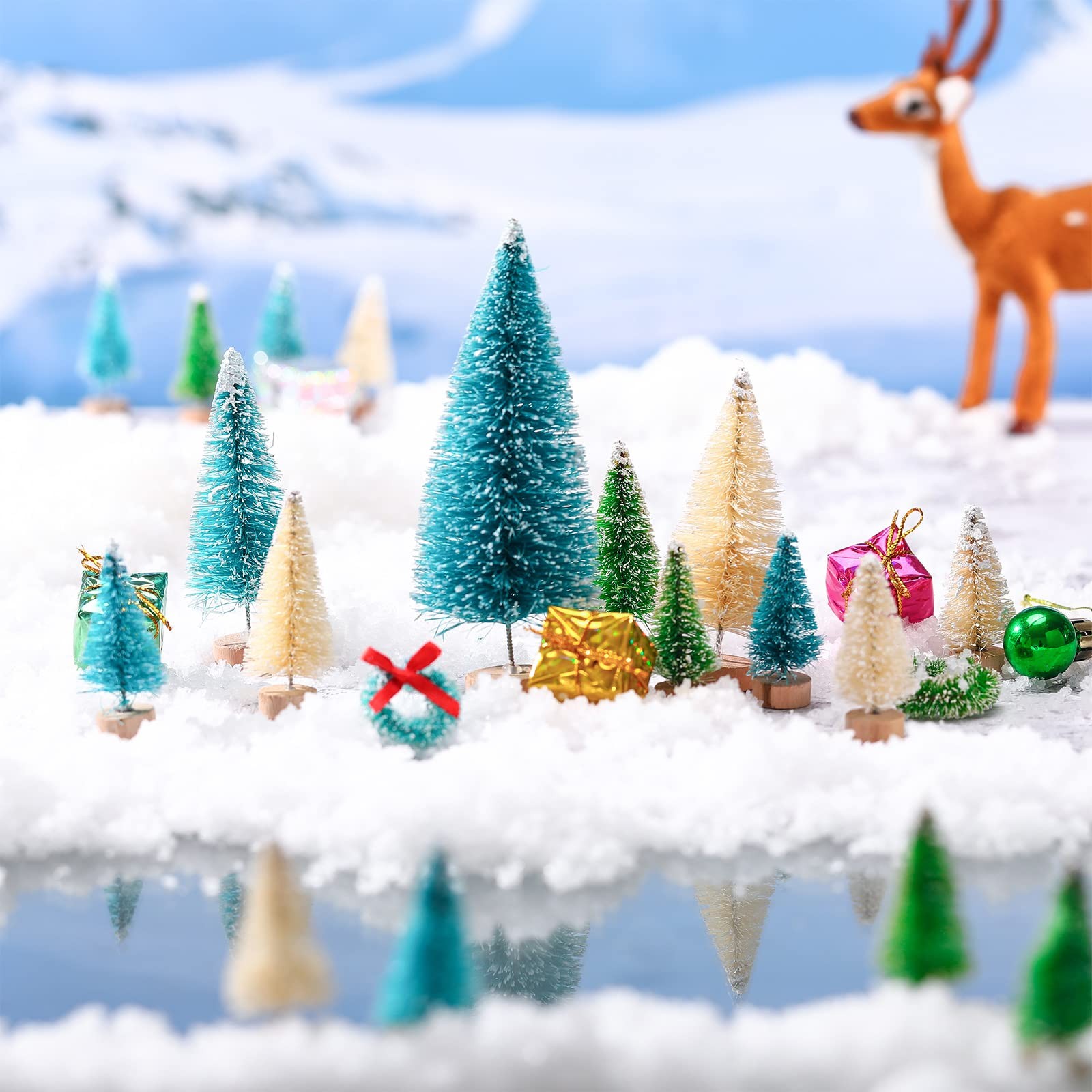 67 PCS Miniature Christmas Trees Set Artificial Wood Base Mini Sisal Frosted