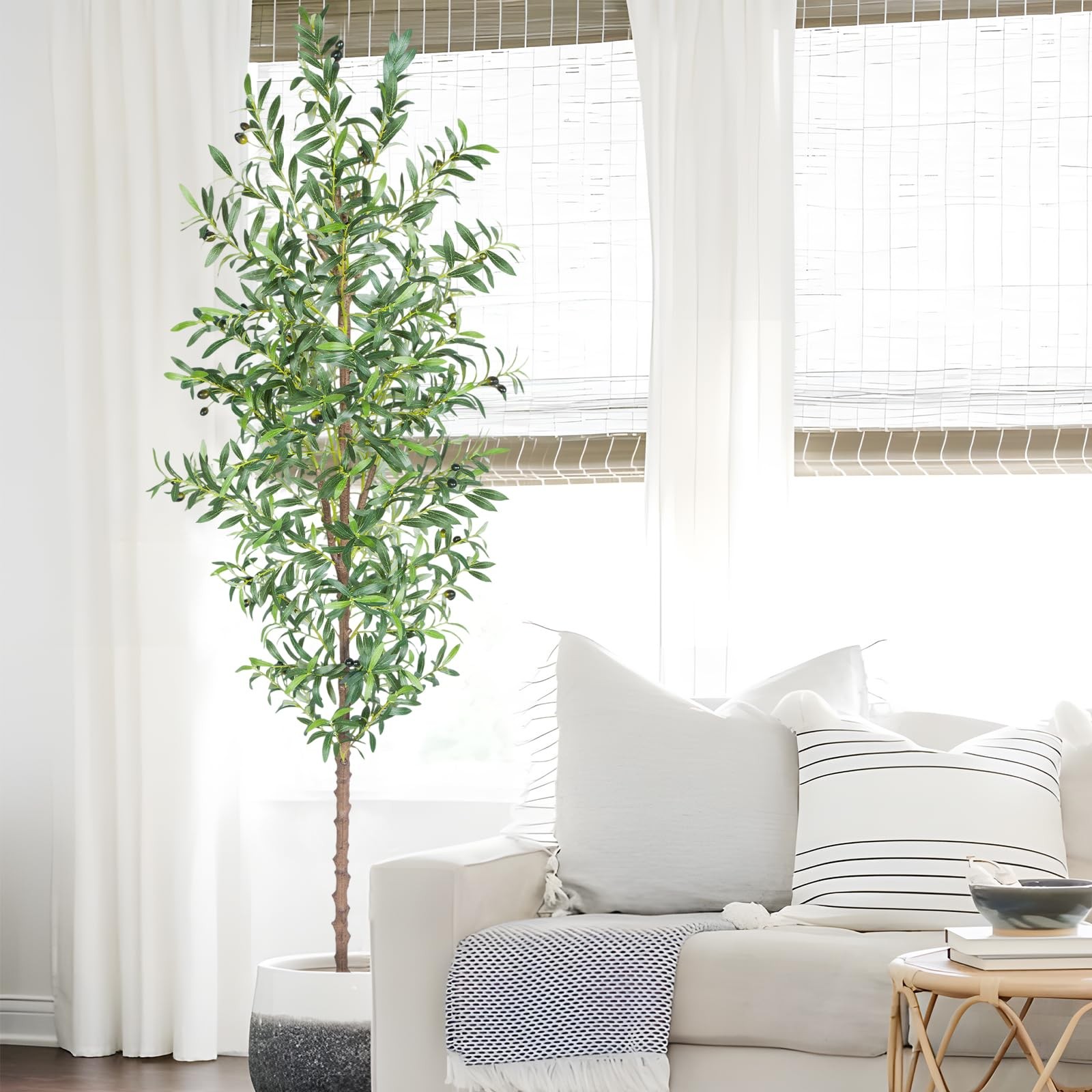 Artificial Olive Tree, 7FT Tall Faux Olive Trees 84in Outdoor Fake Potted Sil…
