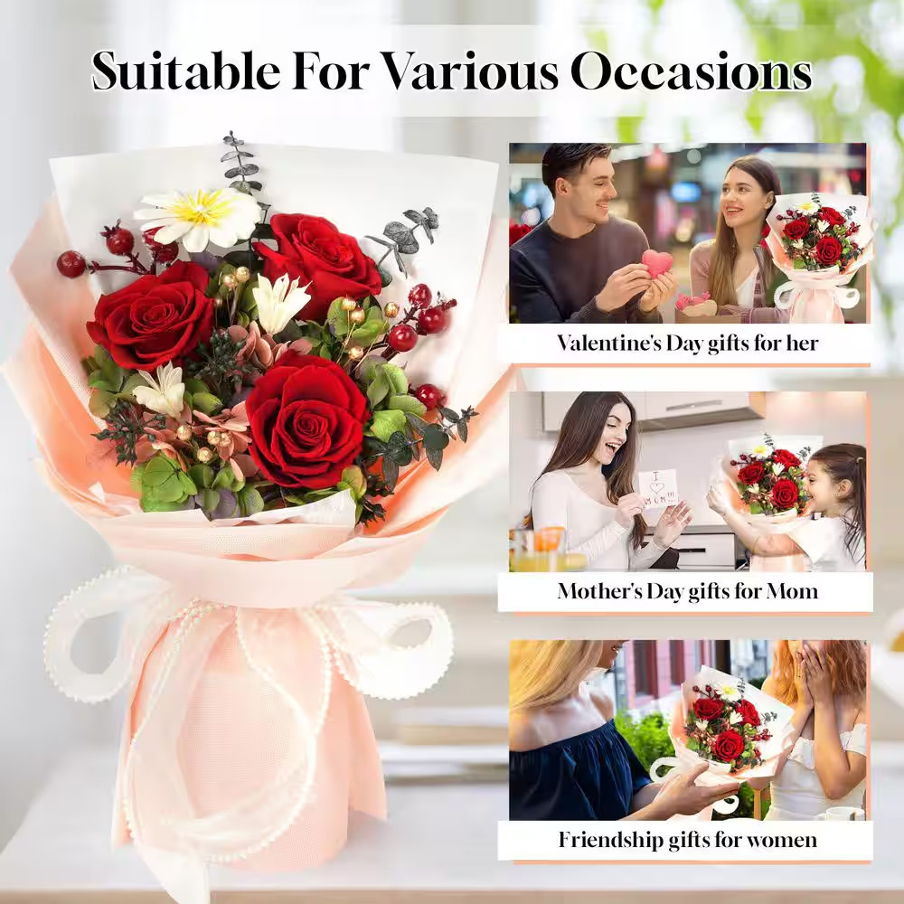 13 In. Red Artificial Everlasting Rose Bouquet-Includes Gift Box and Greeting Ca